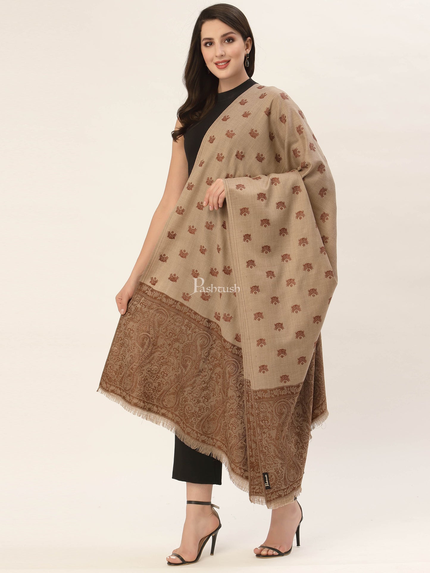 Pashtush India Womens Shawls Pashtush Womens Embroidery Shawl, Jaal Design, Fine Wool, Beige and Emerald brown
