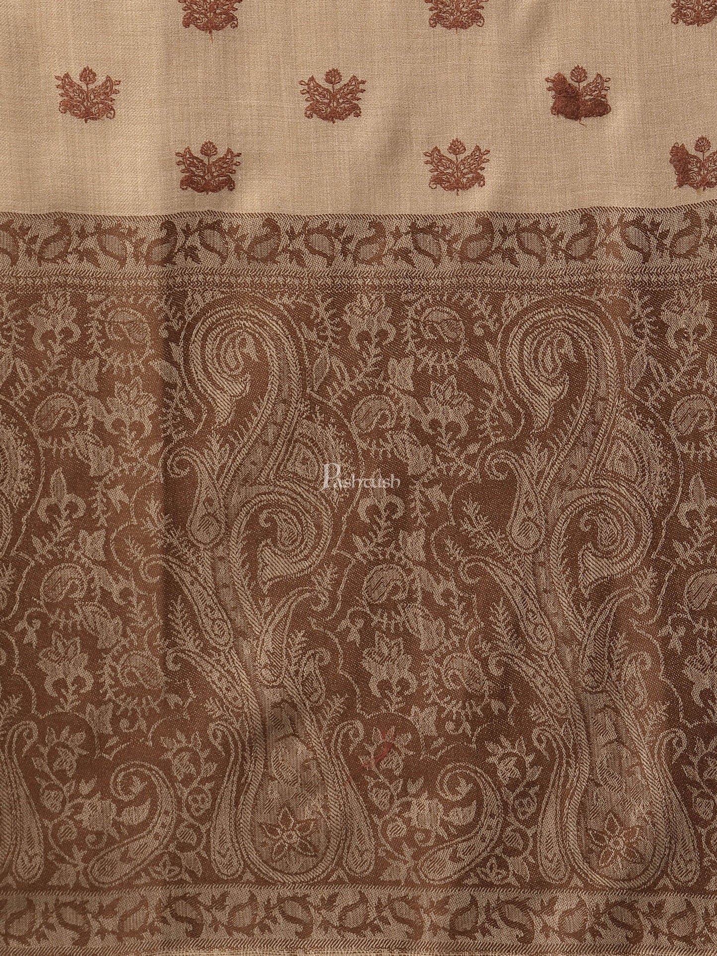 Pashtush India Womens Shawls Pashtush Womens Embroidery Shawl, Jaal Design, Fine Wool, Beige and Emerald brown