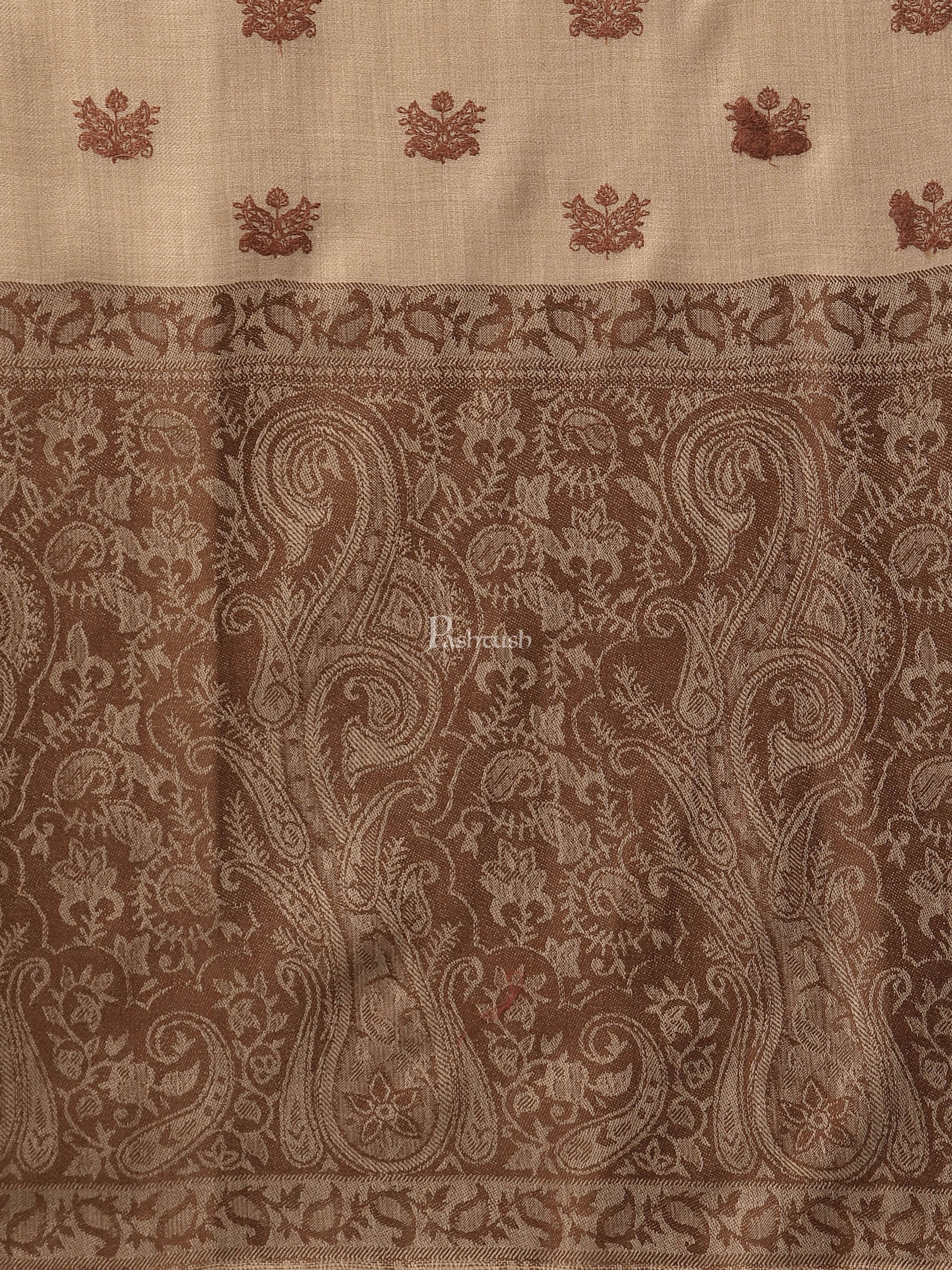 Pashtush India Womens Shawls Pashtush Womens Embroidery Shawl, Jaal Design, Fine Wool, Beige and Emerald brown