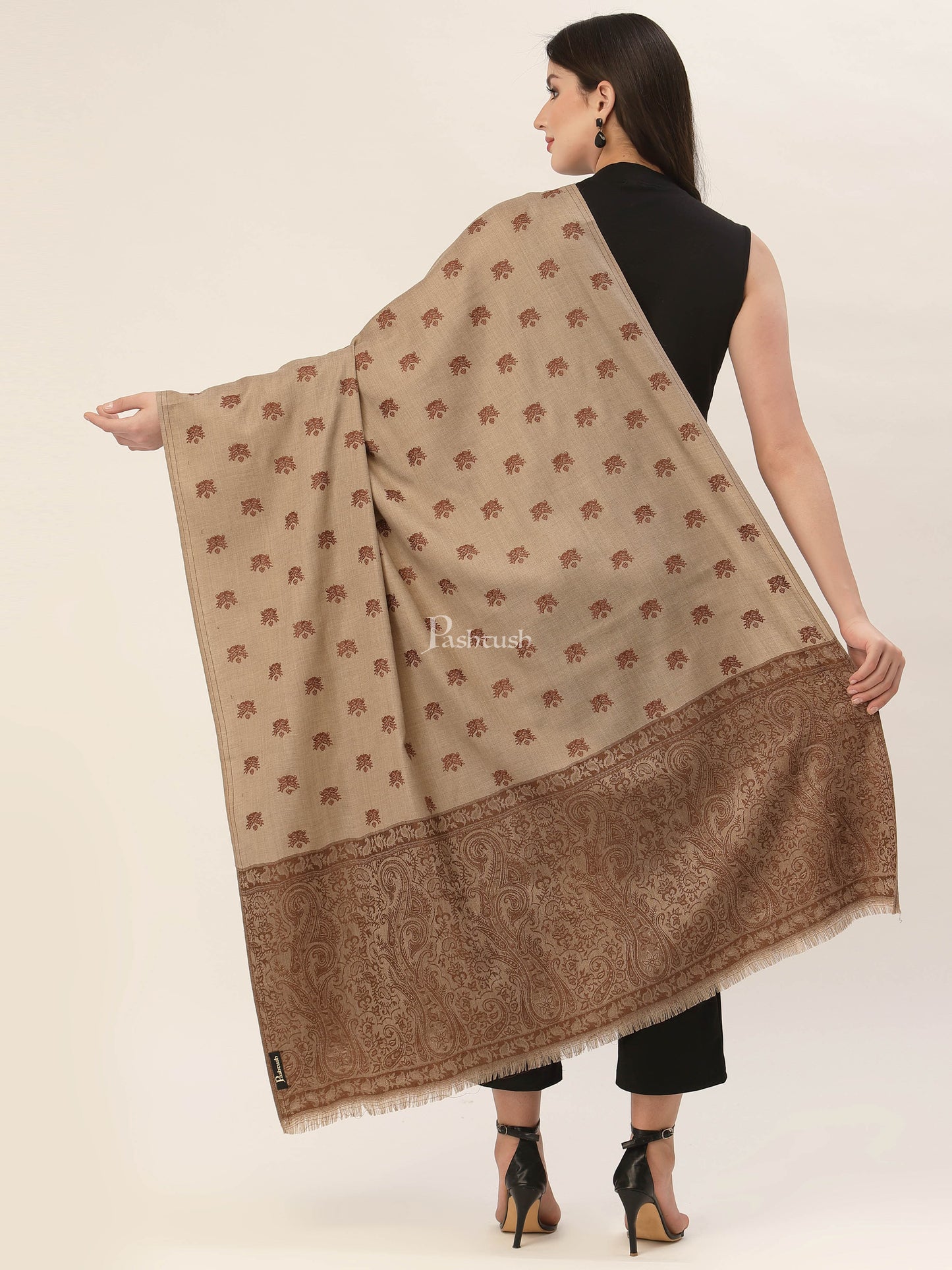 Pashtush India Womens Shawls Pashtush Womens Embroidery Shawl, Jaal Design, Fine Wool, Beige and Emerald brown