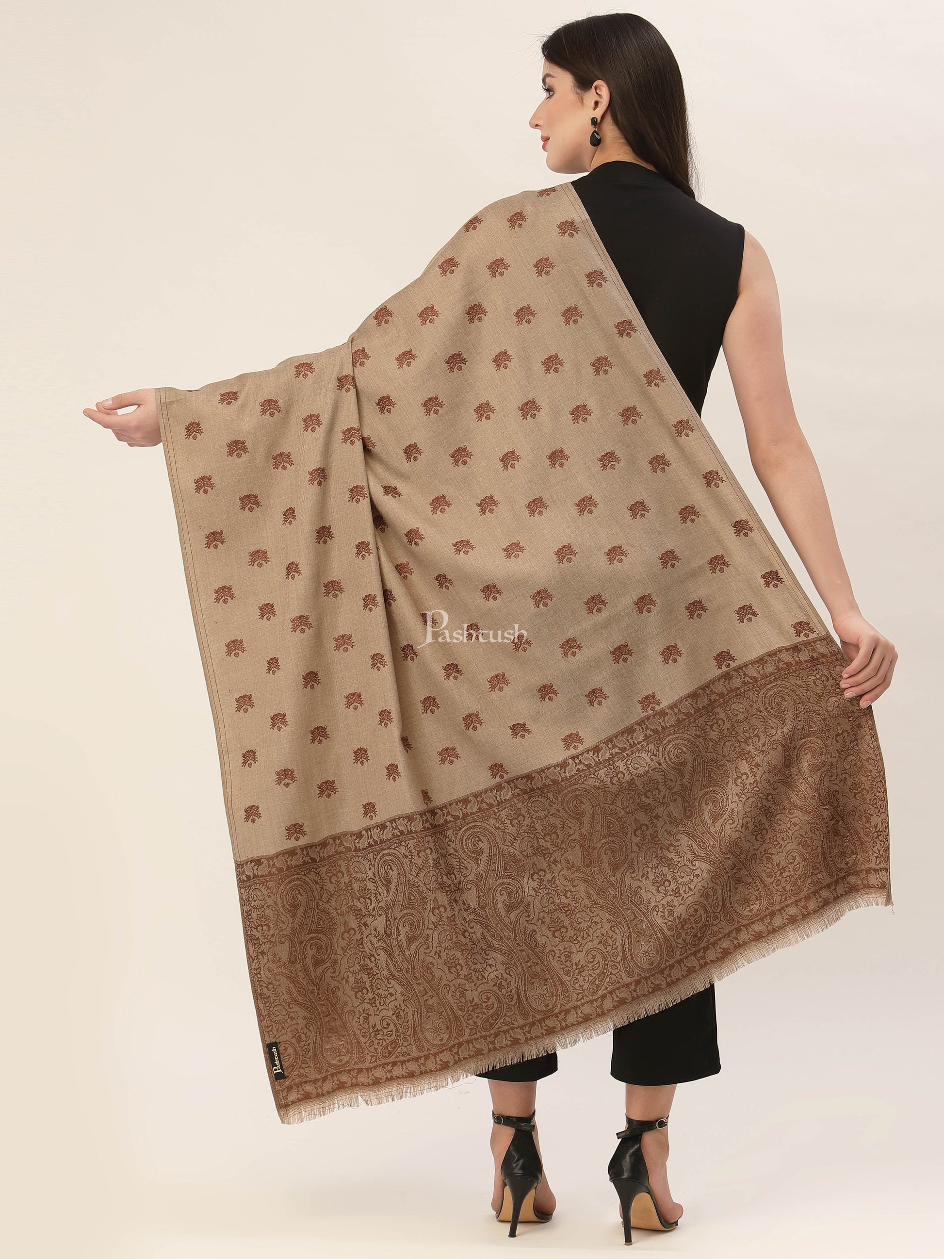 Pashtush India Womens Shawls Pashtush Womens Embroidery Shawl, Jaal Design, Fine Wool, Beige and Emerald brown