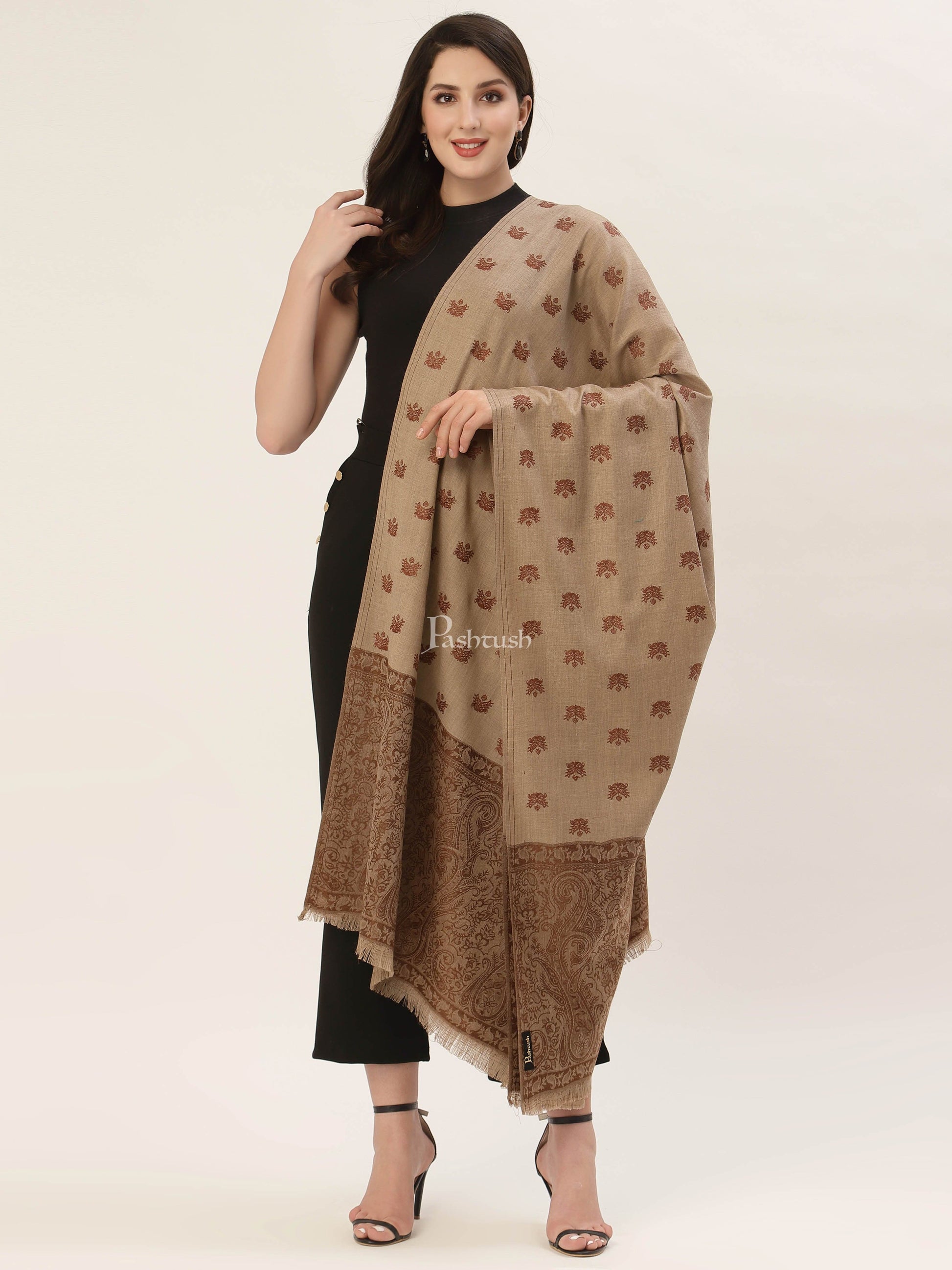 Pashtush India Womens Shawls Pashtush Womens Embroidery Shawl, Jaal Design, Fine Wool, Beige and Emerald brown