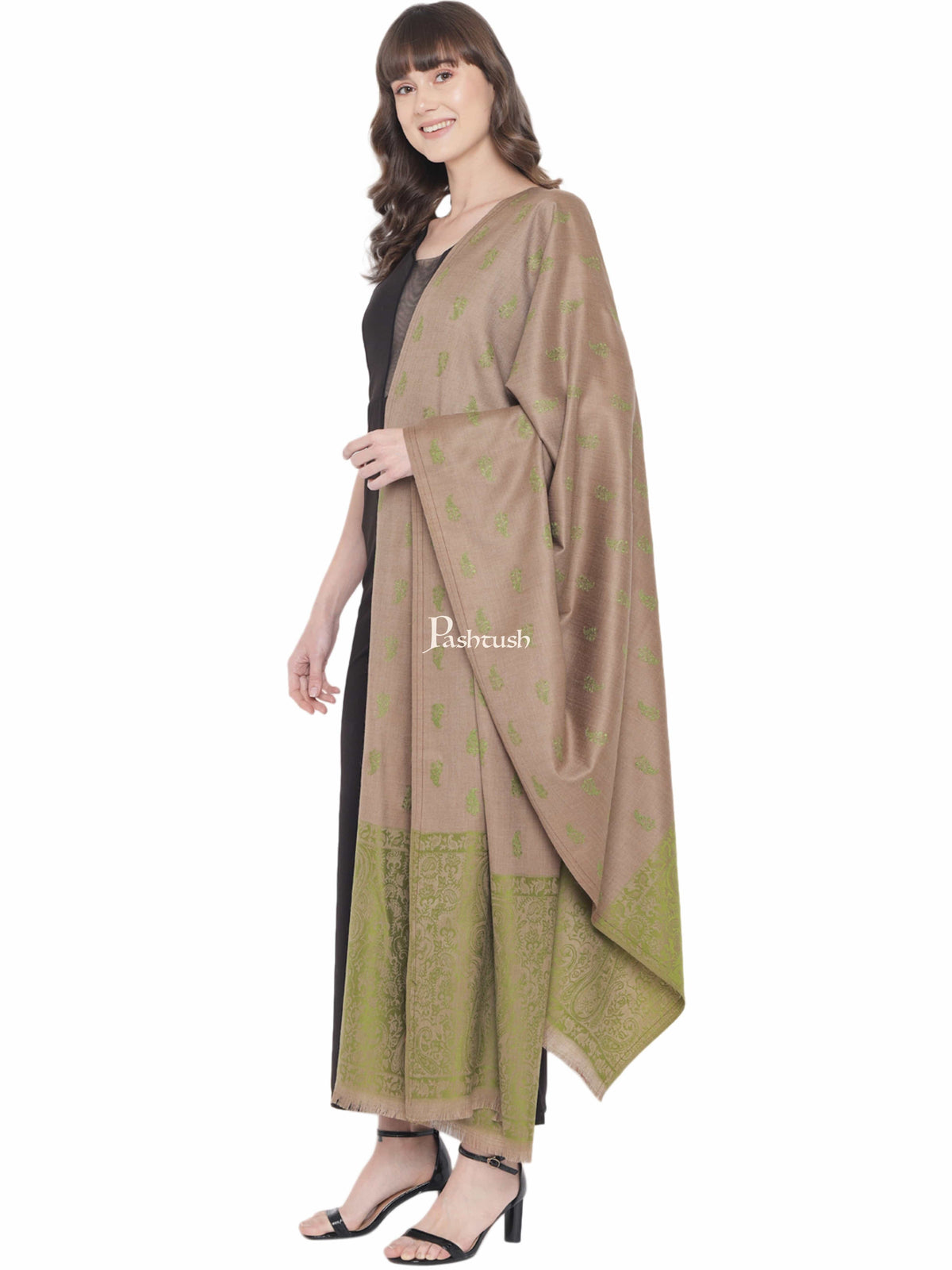 Pashtush India Womens Shawls Pashtush Womens Embroidery Shawl, Jaal Design, Fine Wool, Beige and Emerald Green