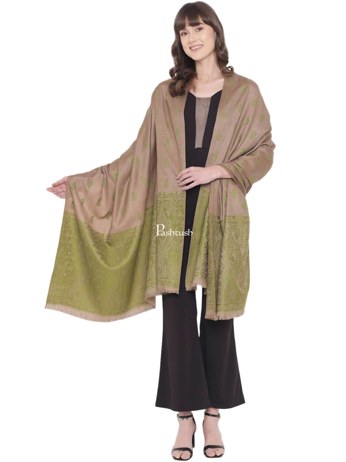 Pashtush India Womens Shawls Pashtush Womens Embroidery Shawl, Jaal Design, Fine Wool, Beige and Emerald Green