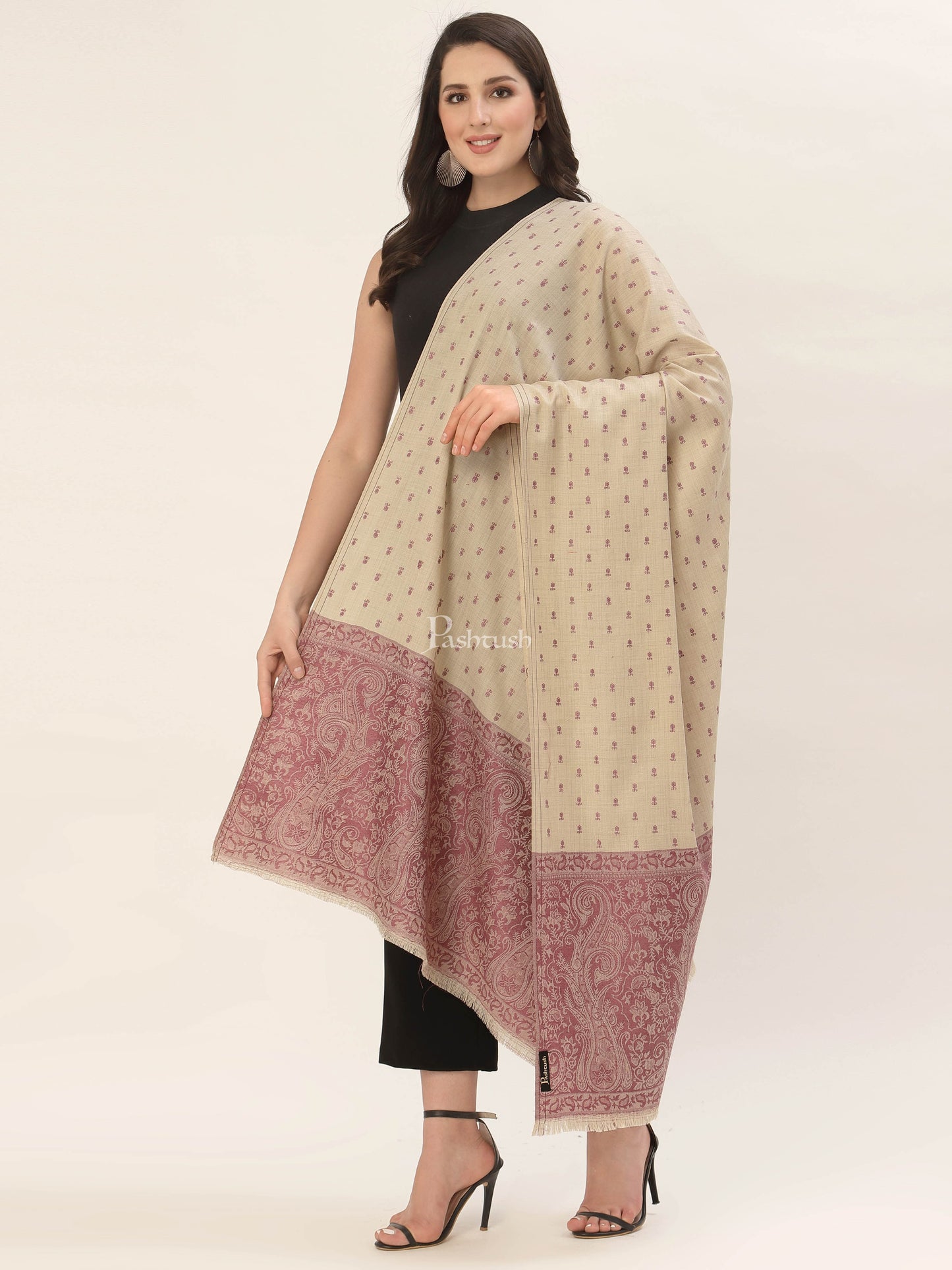 Pashtush India Womens Shawls Pashtush Womens Embroidery Shawl, Jacquard Palla, Fine Wool