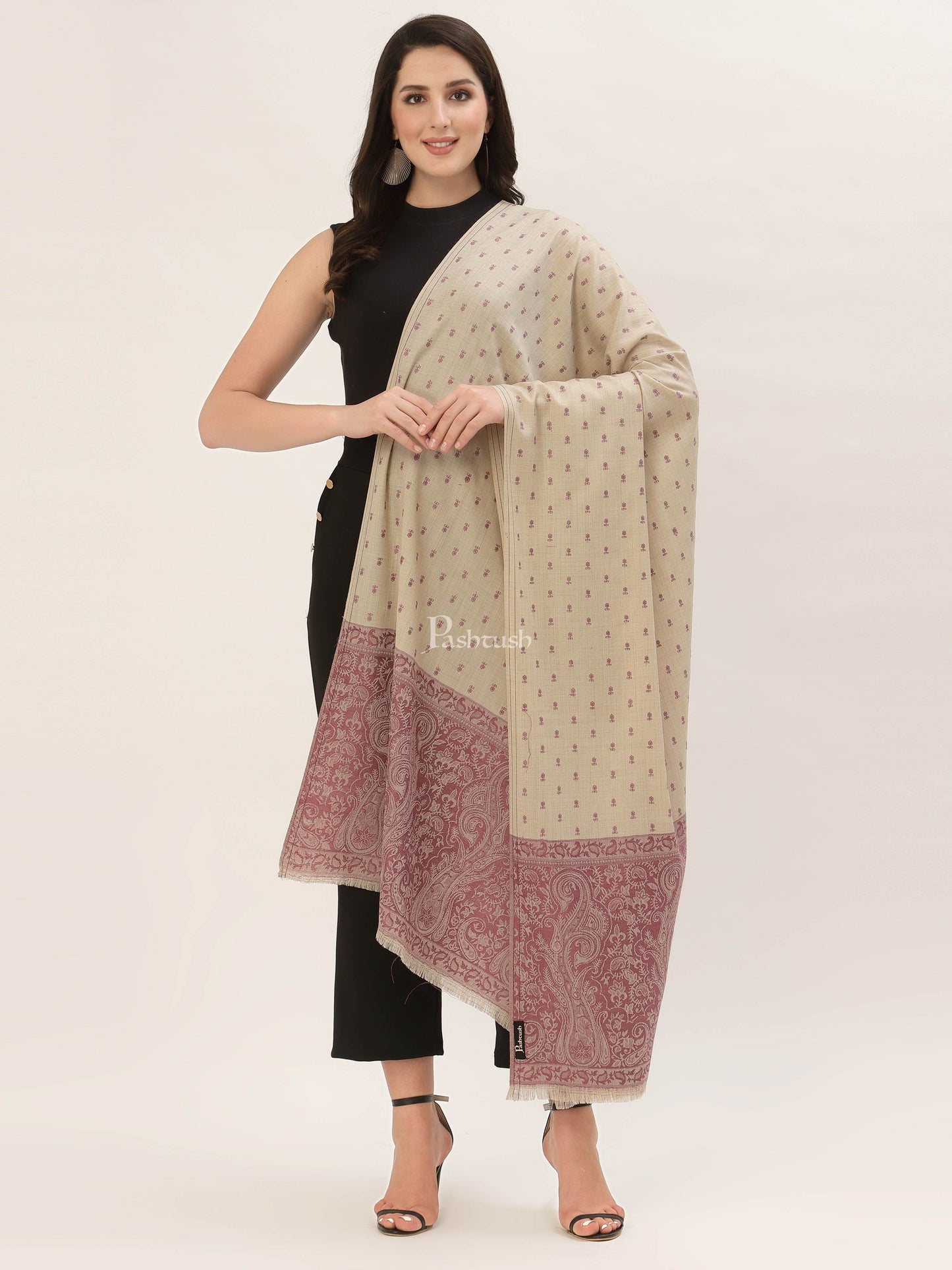 Pashtush India Womens Shawls Pashtush Womens Embroidery Shawl, Jacquard Palla, Fine Wool