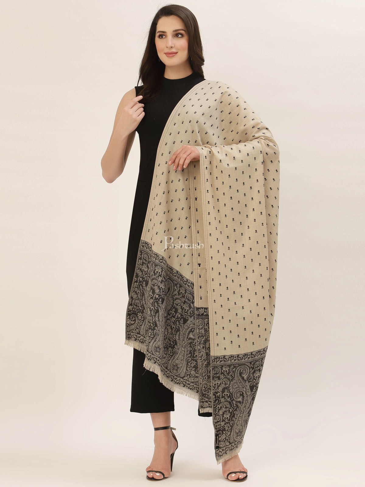 Pashtush India Womens Shawls Pashtush Womens Embroidery Shawl, Jacquard Palla, Fine Wool