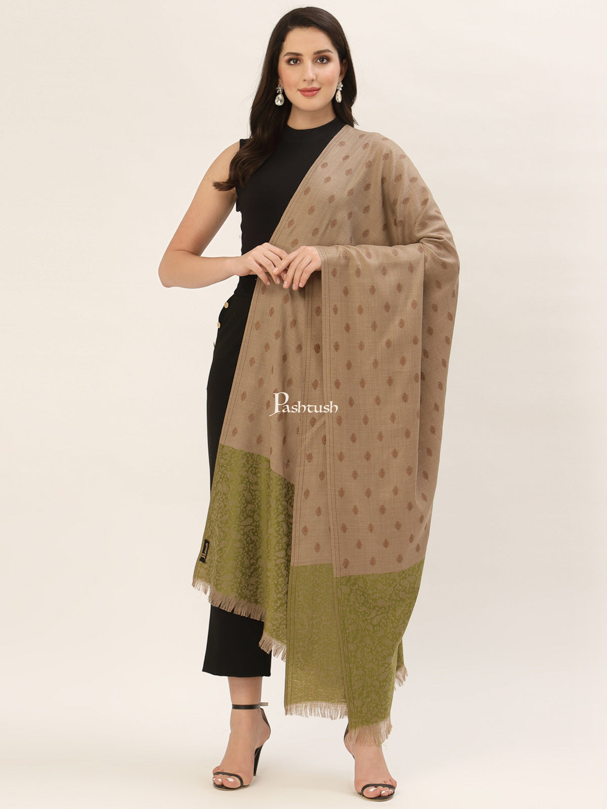 Pashtush India Womens Shawls Pashtush Womens Embroidery Shawl, Jacquard Palla, Fine Wool, Beige and Green