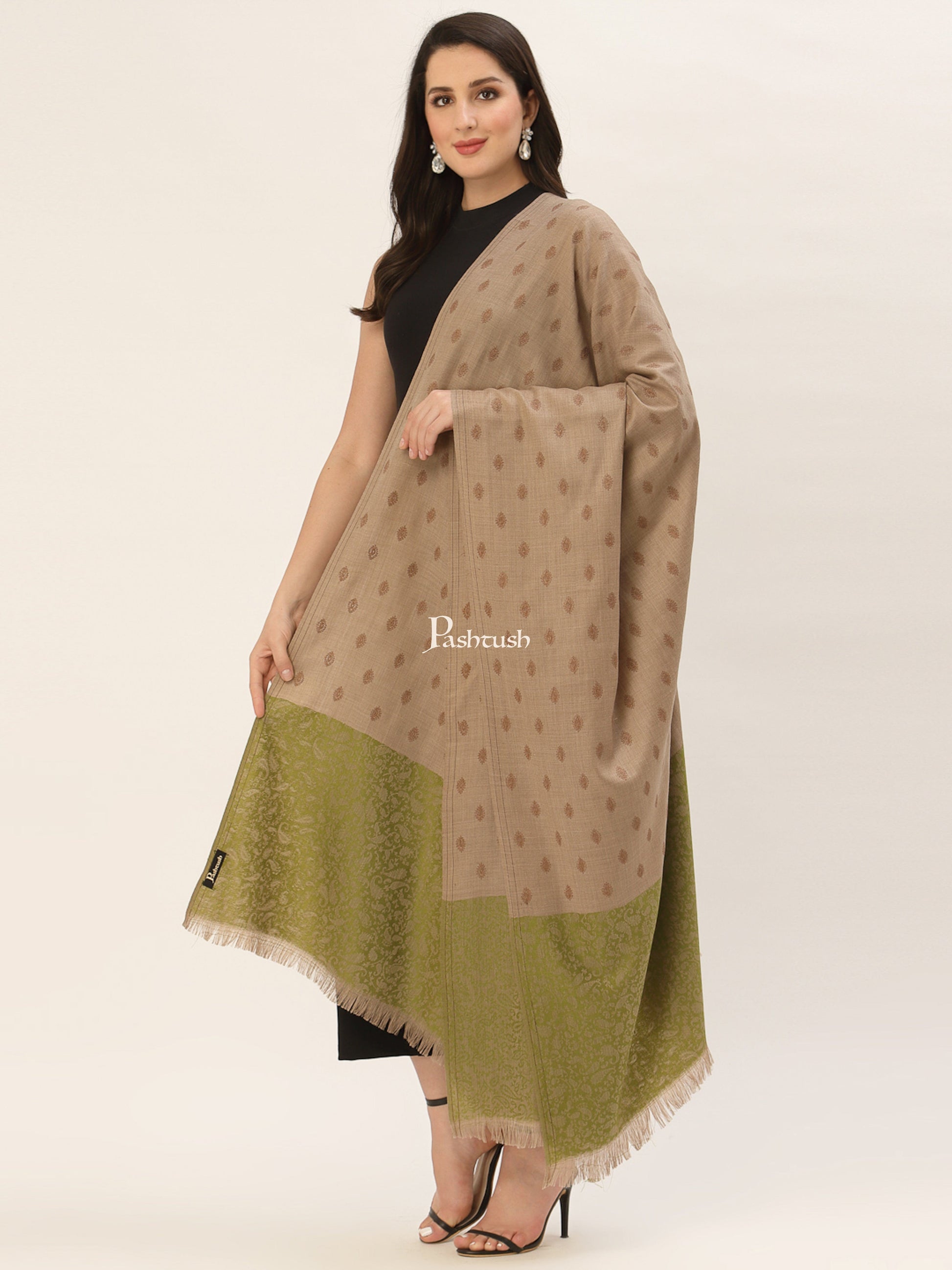Pashtush India Womens Shawls Pashtush Womens Embroidery Shawl, Jacquard Palla, Fine Wool, Beige and Green