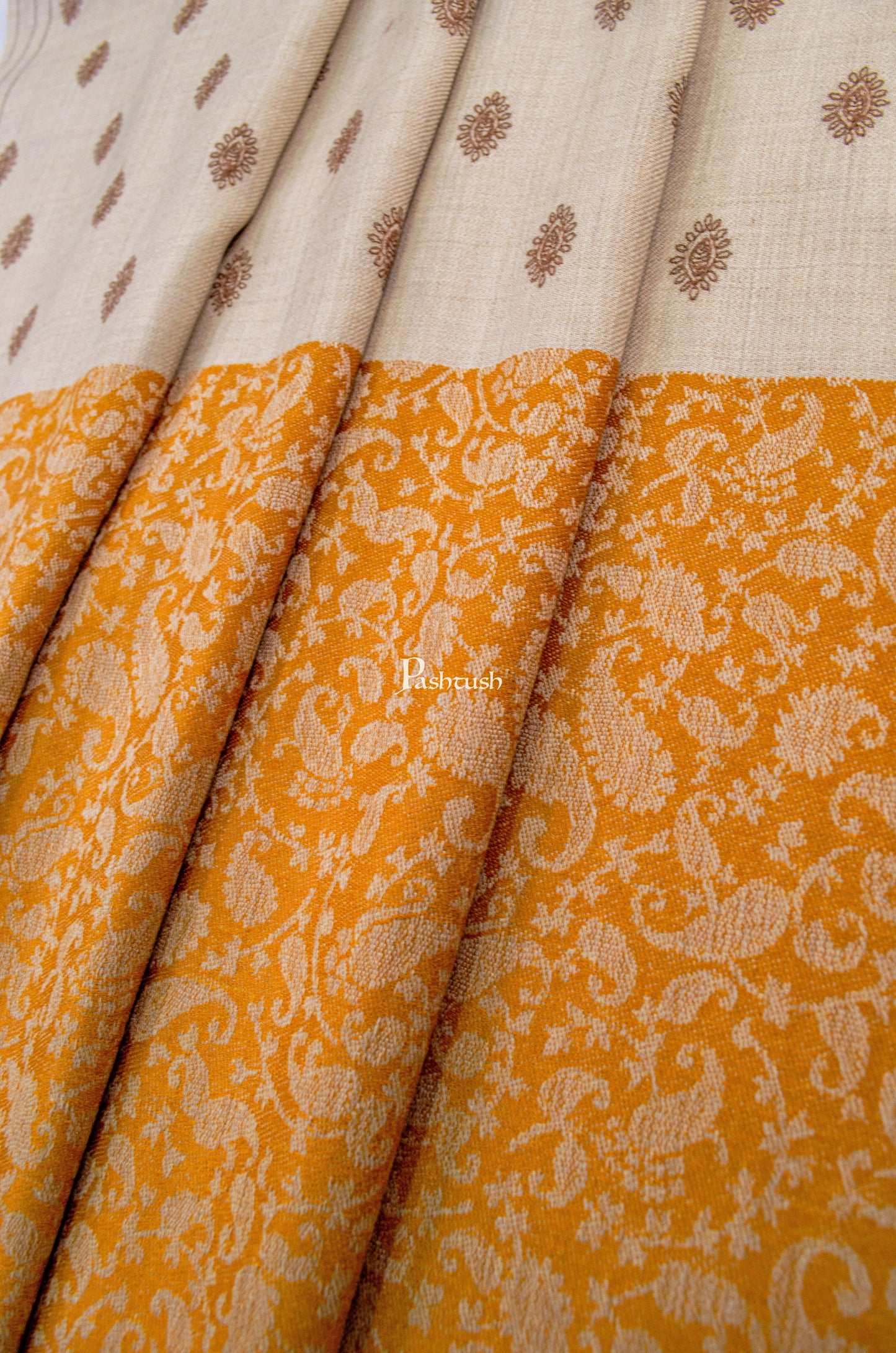Pashtush India Womens Shawls Pashtush Womens Embroidery Shawl, Jacquard Palla, Fine Wool, Beige and Orange