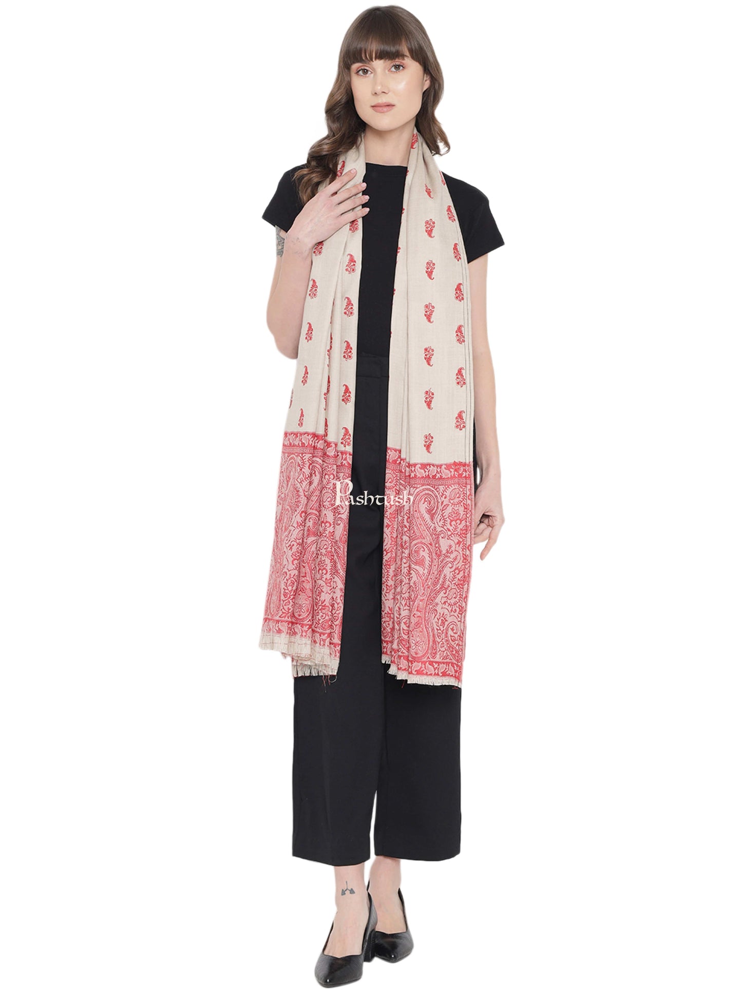 Pashtush India Womens Shawls Pashtush Womens Embroidery Shawl, Jacquard Palla, Fine Wool, Beige and Red