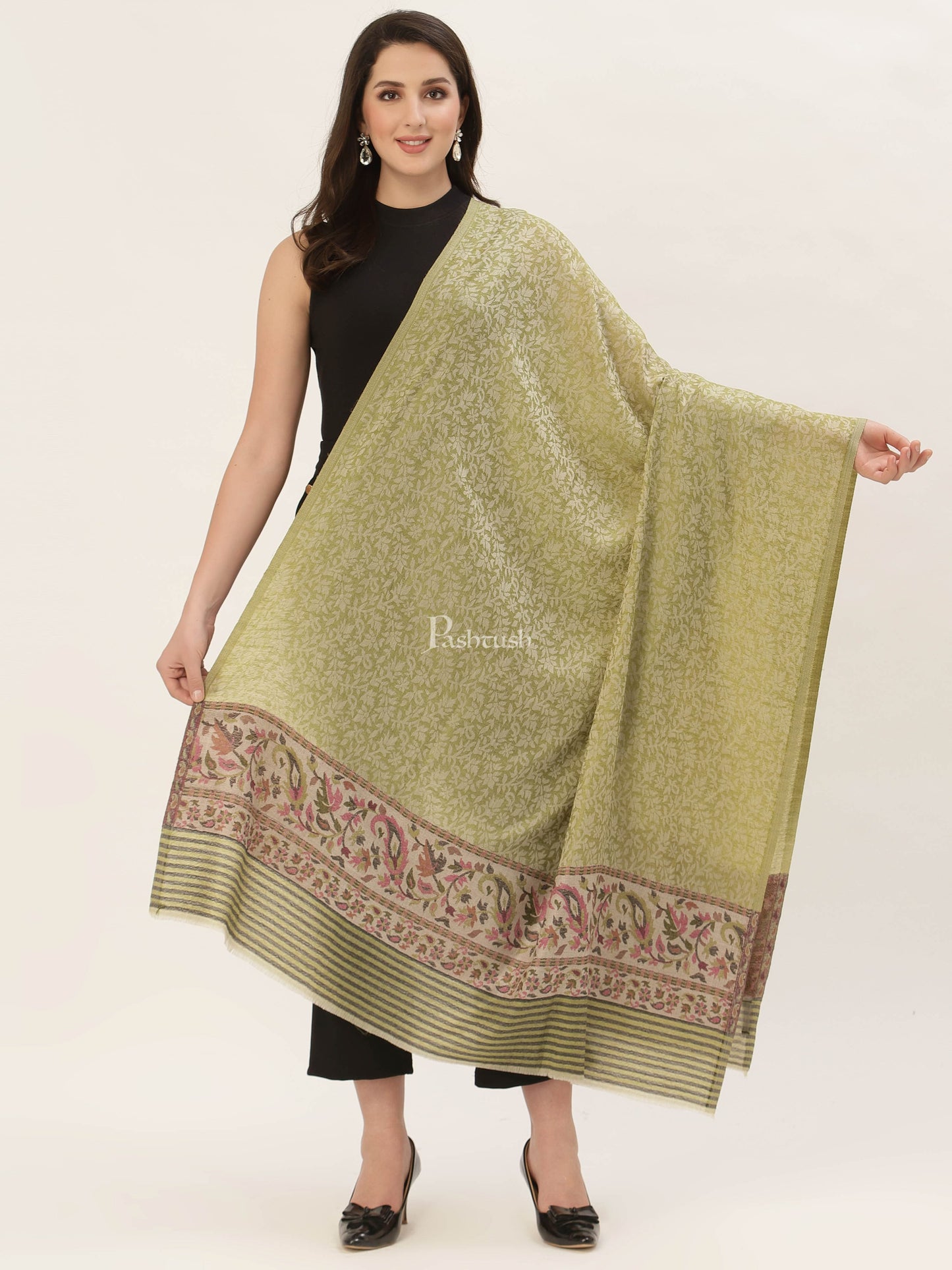 Pashtush India Womens Shawls Pashtush Womens Embroidery Shawl, Jacquard Palla, Fine Wool, Green