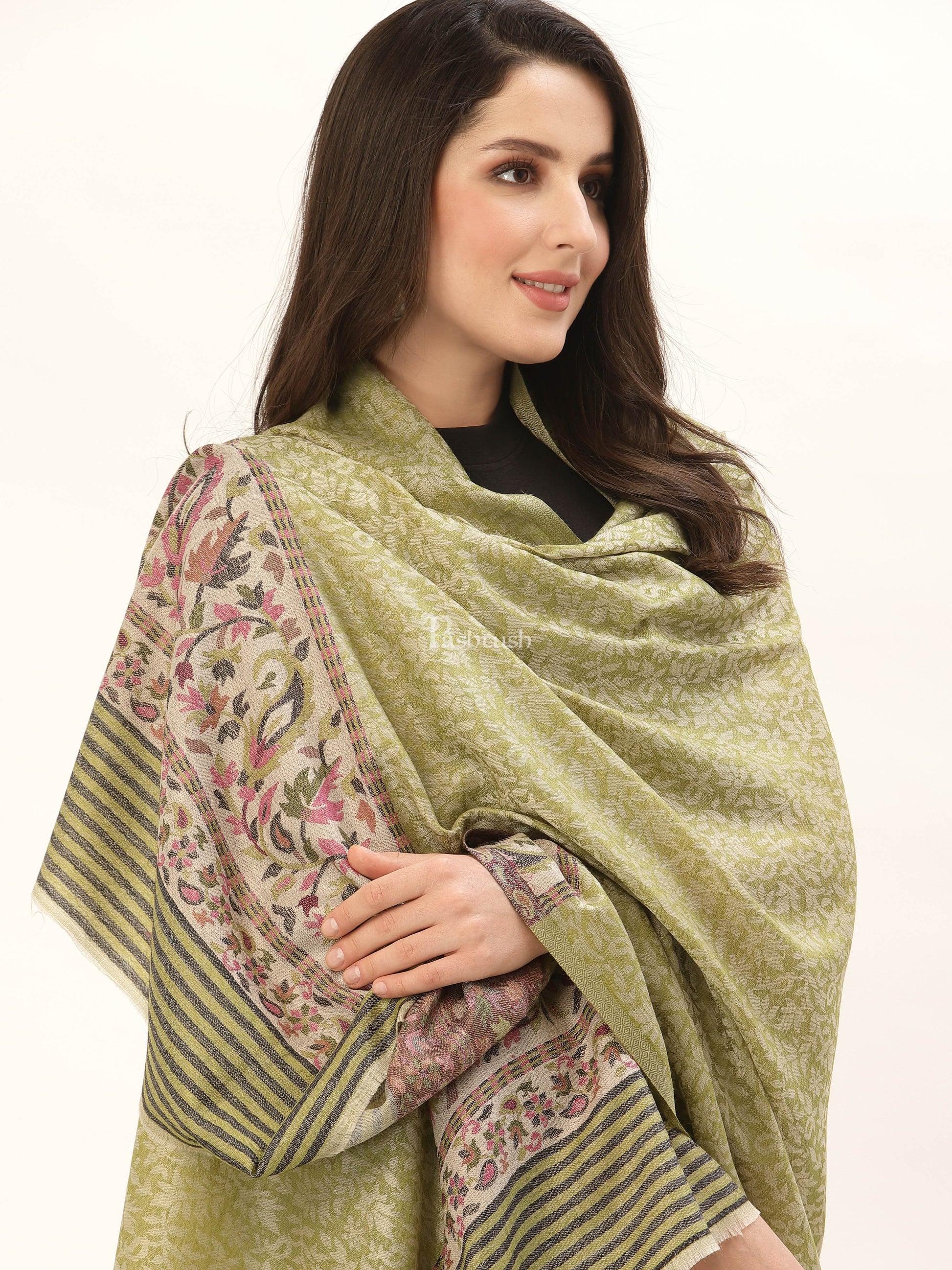 Pashtush India Womens Shawls Pashtush Womens Embroidery Shawl, Jacquard Palla, Fine Wool, Green
