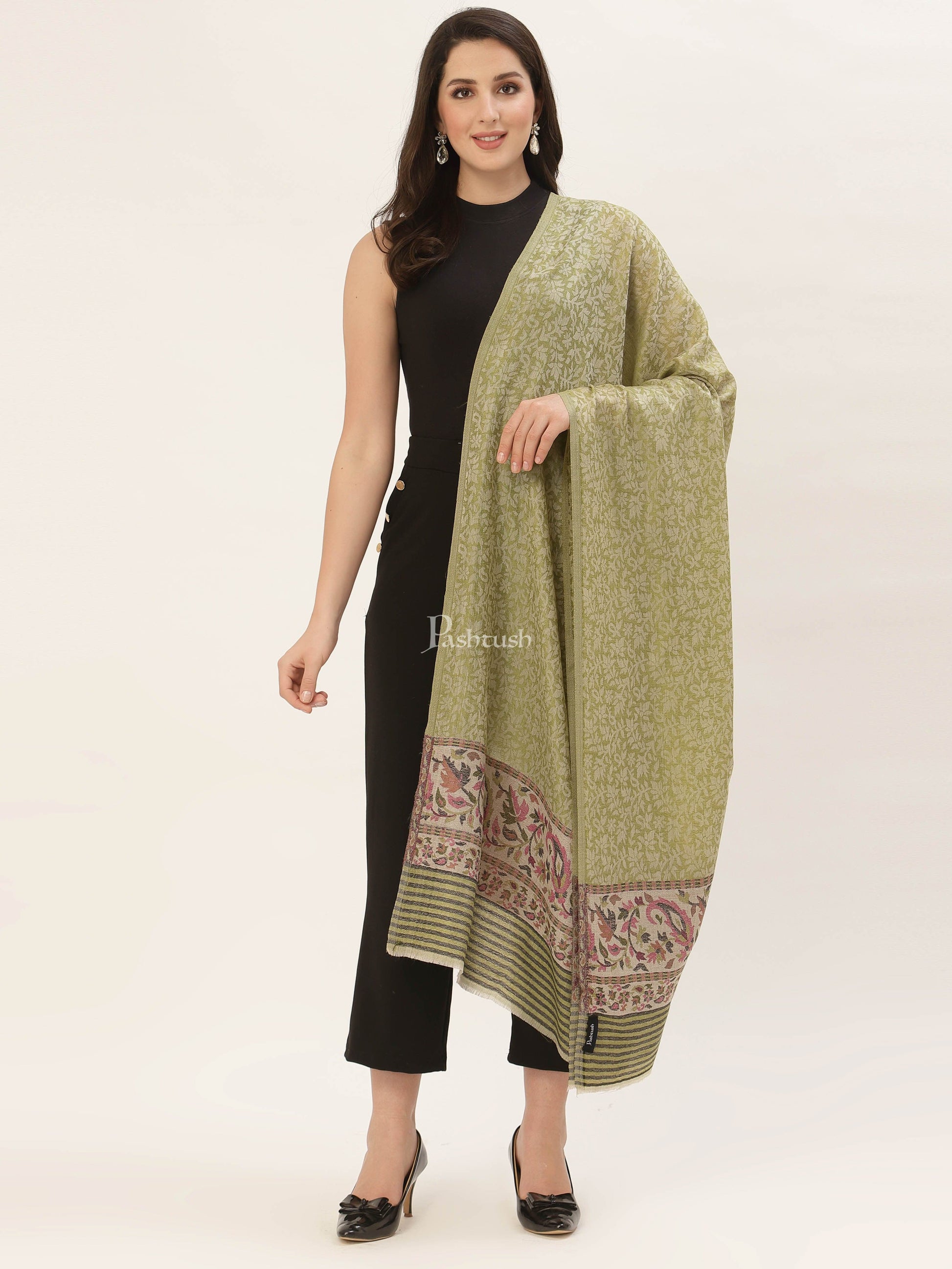Pashtush India Womens Shawls Pashtush Womens Embroidery Shawl, Jacquard Palla, Fine Wool, Green