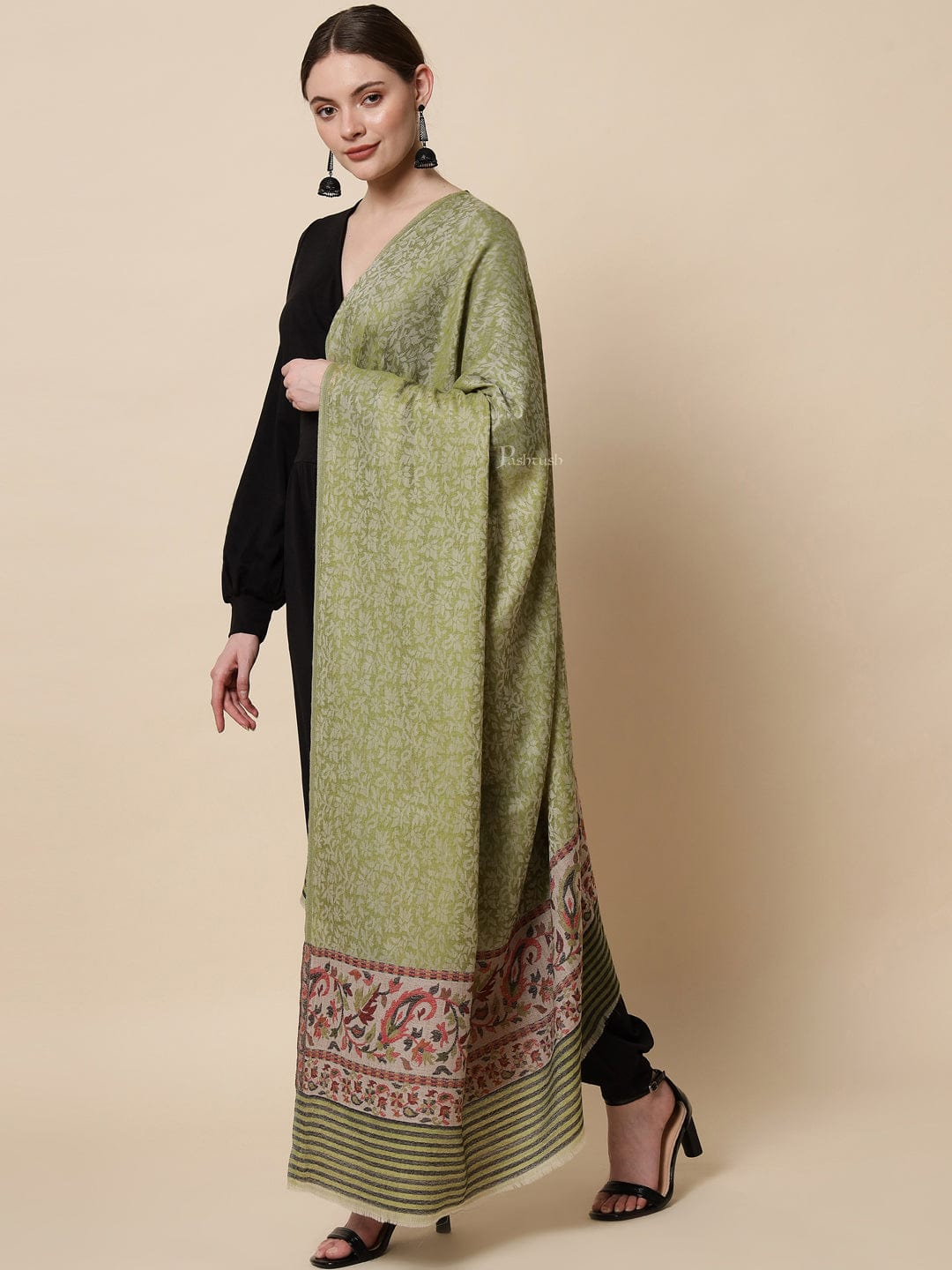 Pashtush India Womens Shawls Pashtush Womens Embroidery Shawl, Jacquard Palla, Fine Wool, Green