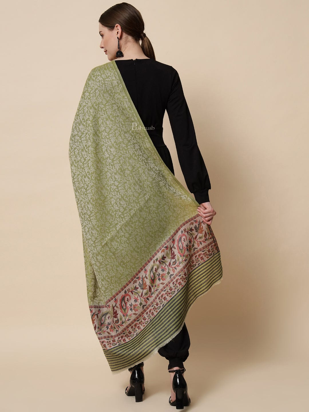 Pashtush India Womens Shawls Pashtush Womens Embroidery Shawl, Jacquard Palla, Fine Wool, Green