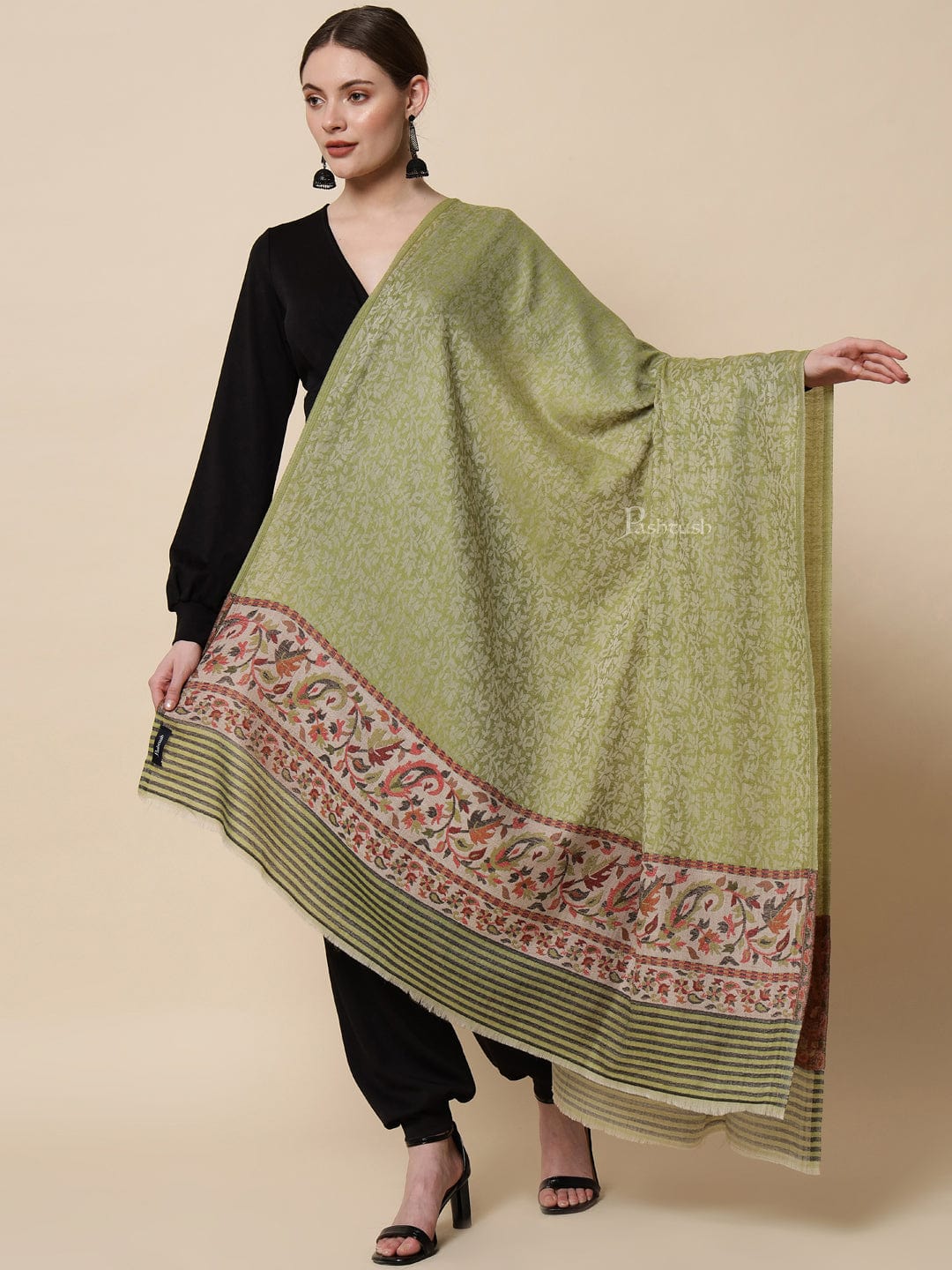Pashtush India Womens Shawls Pashtush Womens Embroidery Shawl, Jacquard Palla, Fine Wool, Green