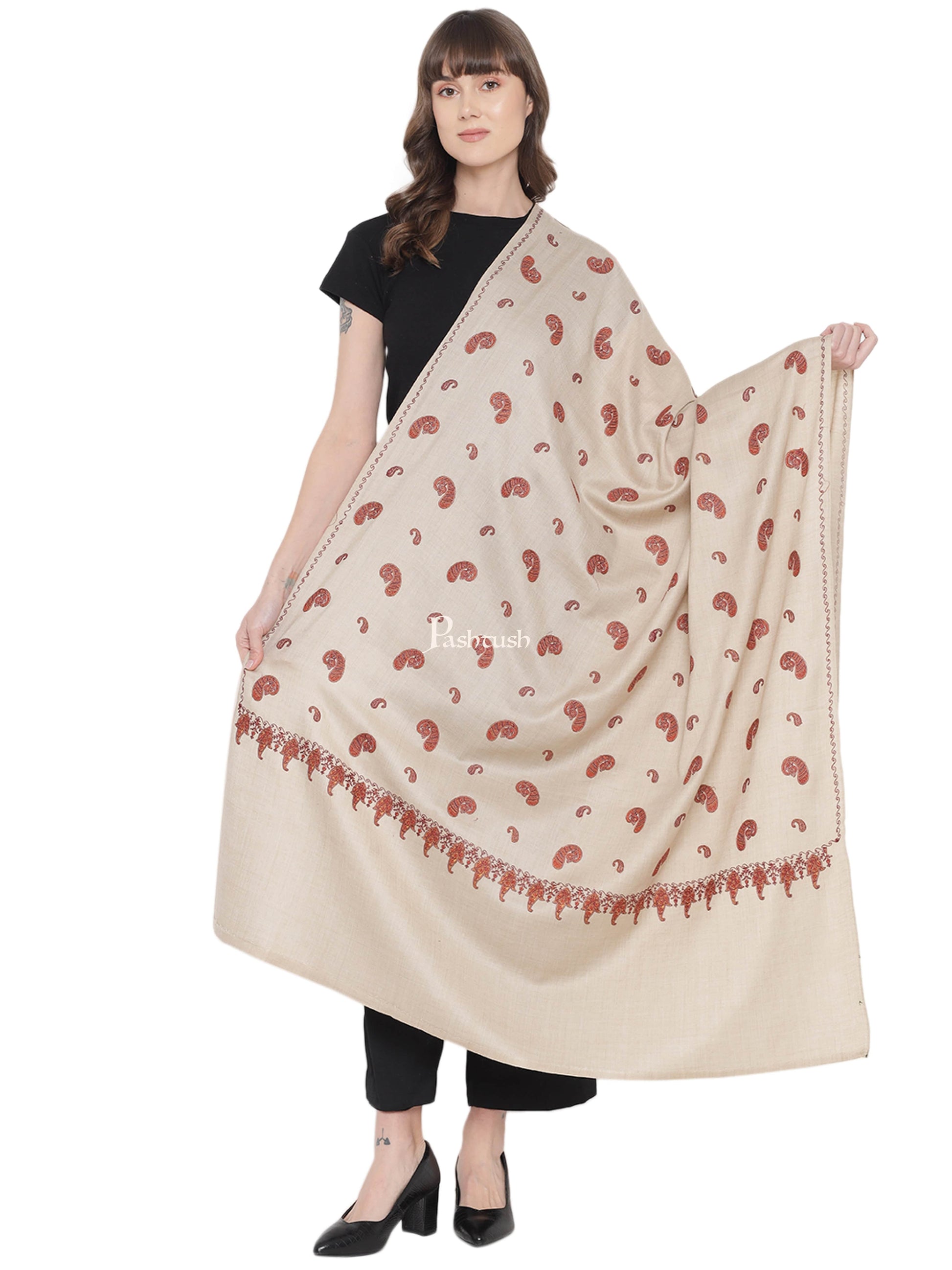Pashtush India Womens Shawls Pashtush Womens Embroidery Shawl, Khakikar, Booti Jaal, Fine Wool, Beige