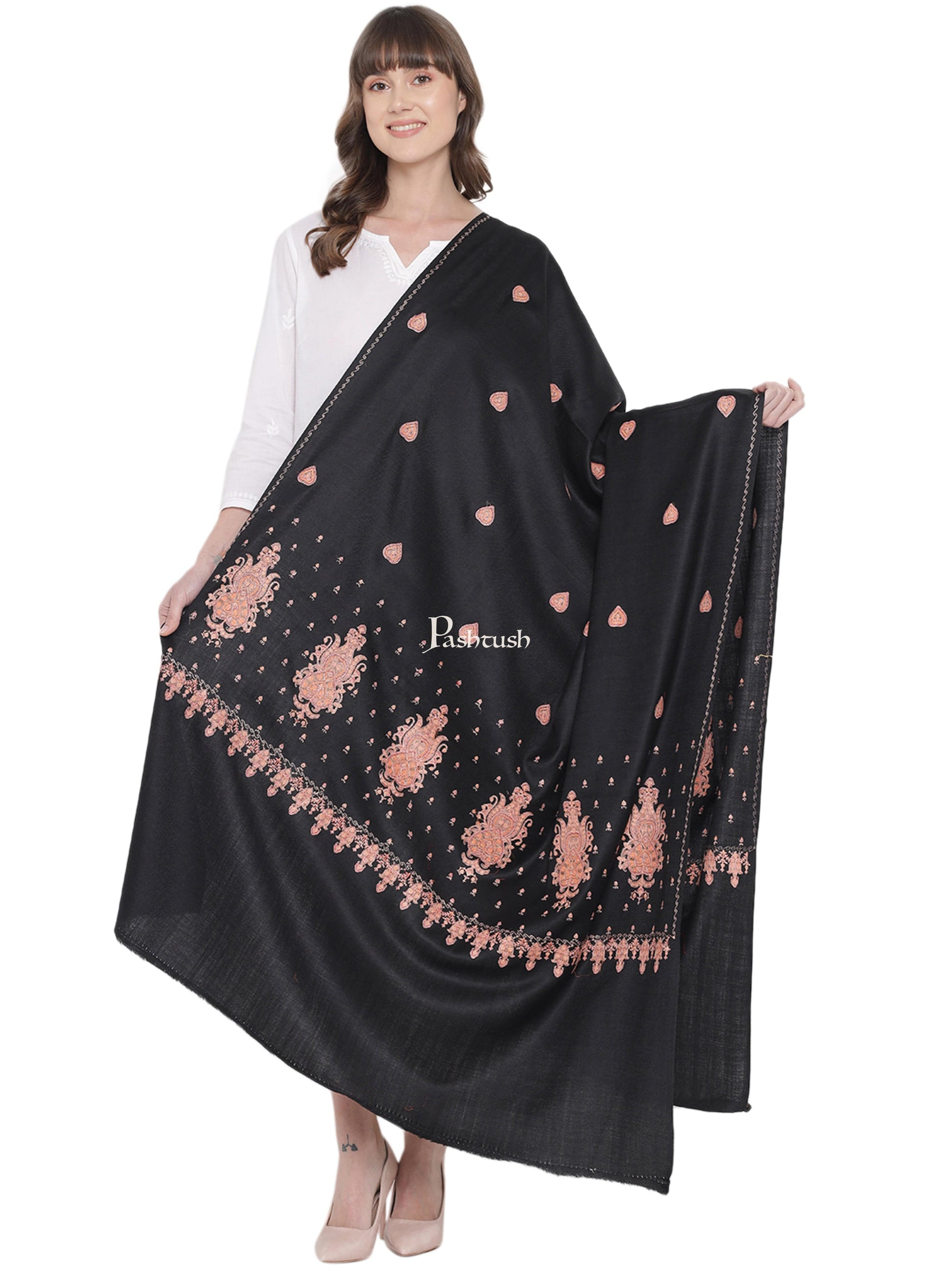 Pashtush India Womens Shawls Pashtush Womens Embroidery Shawl, Khakikar, Booti Jaal, Fine Wool, Black