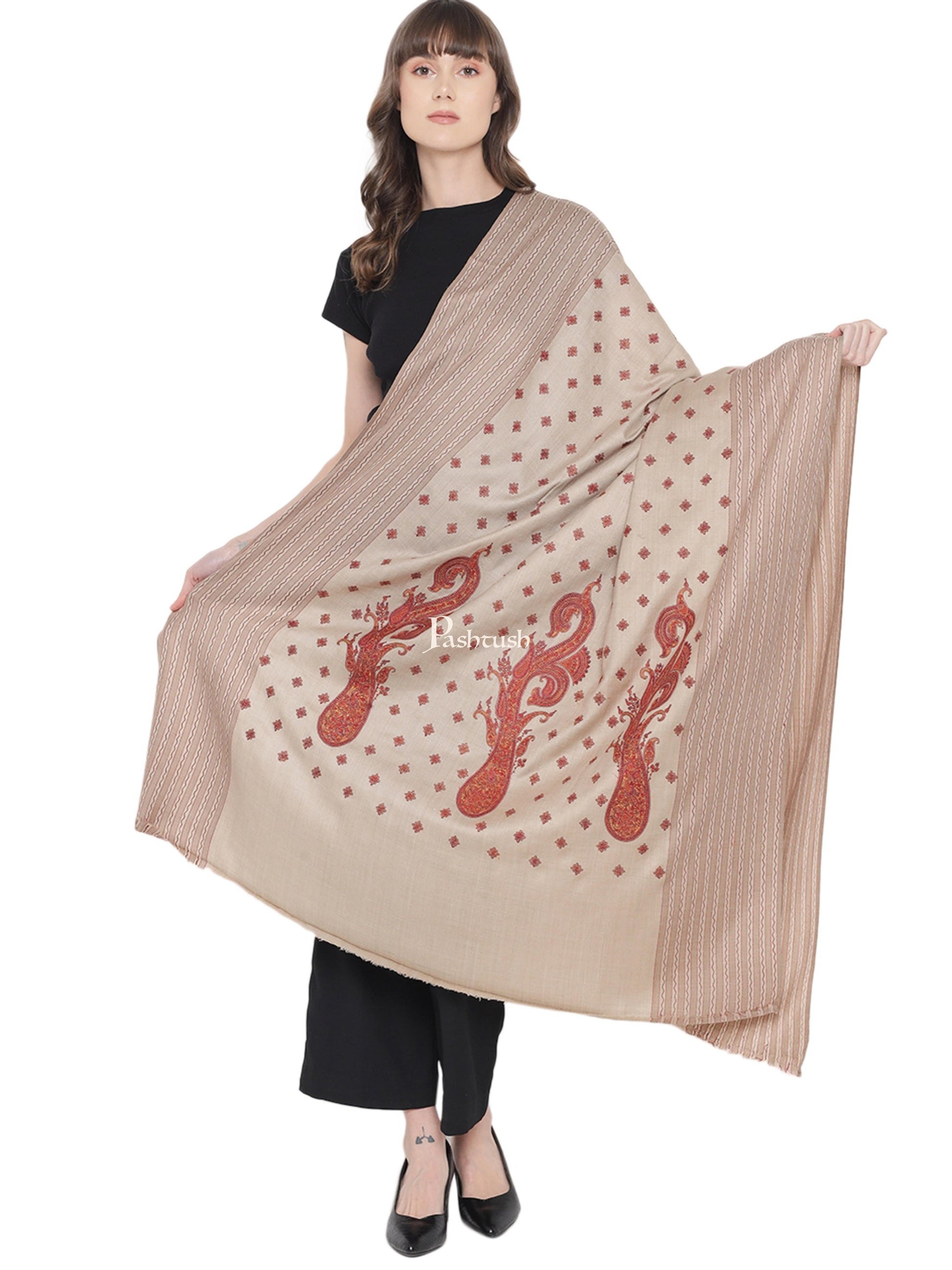 Pashtush India Womens Shawls Pashtush Womens Embroidery Shawl, Khakikar , Fine Wool, Beige