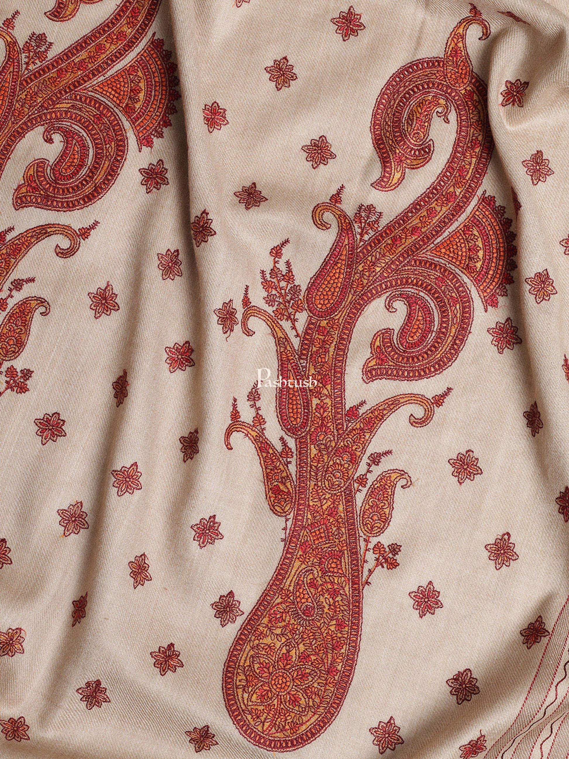 Pashtush India Womens Shawls Pashtush Womens Embroidery Shawl, Khakikar , Fine Wool, Beige