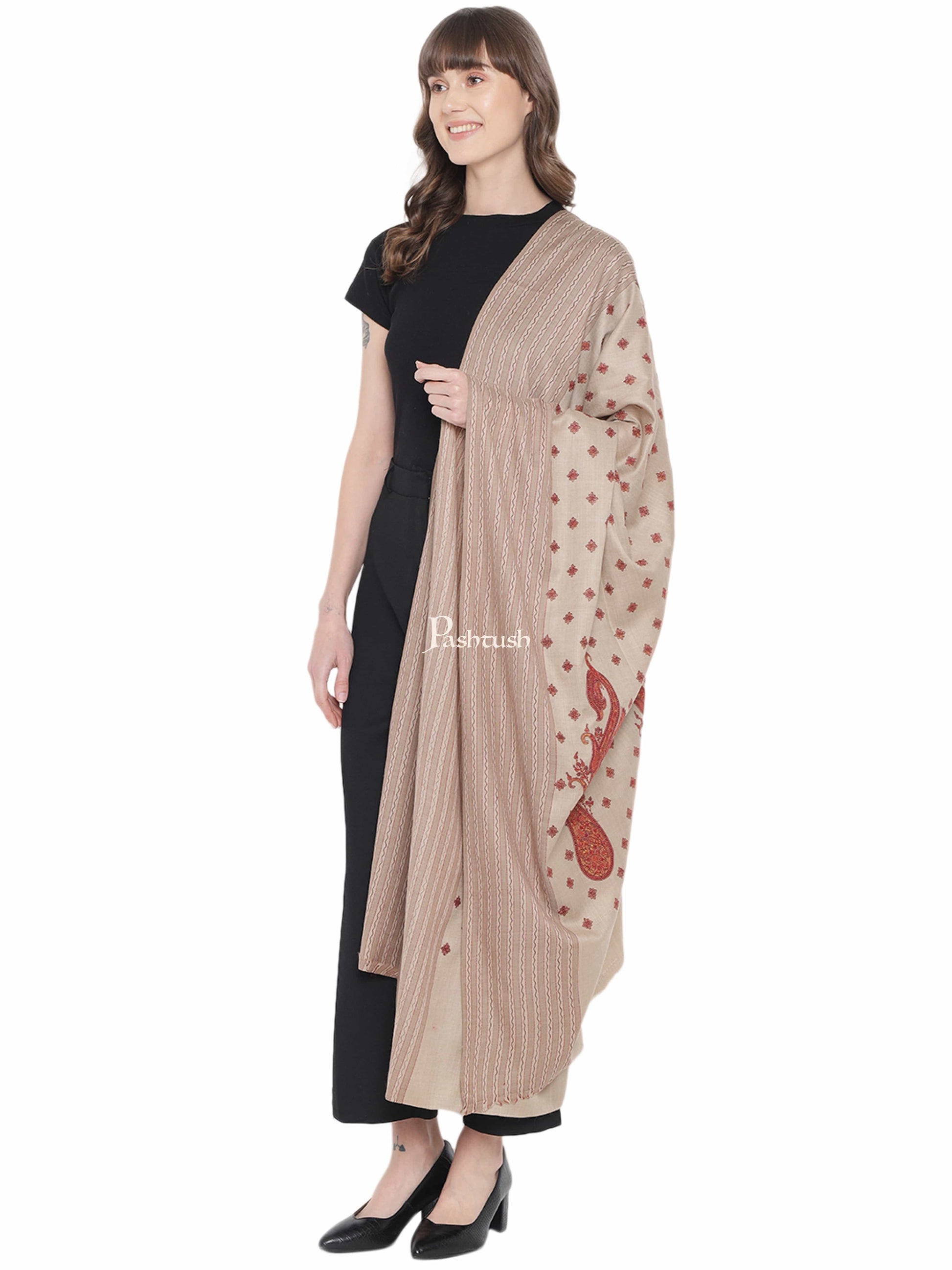 Pashtush India Womens Shawls Pashtush Womens Embroidery Shawl, Khakikar , Fine Wool, Beige