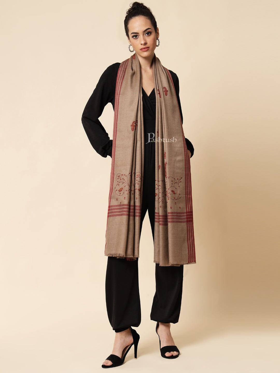 Pashtush India Womens Shawls Pashtush Womens Embroidery Shawl, Large And Warm, Brown