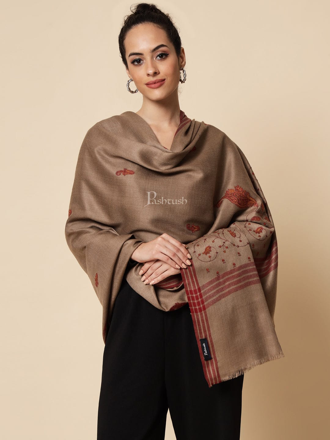 Pashtush India Womens Shawls Pashtush Womens Embroidery Shawl, Large And Warm, Brown