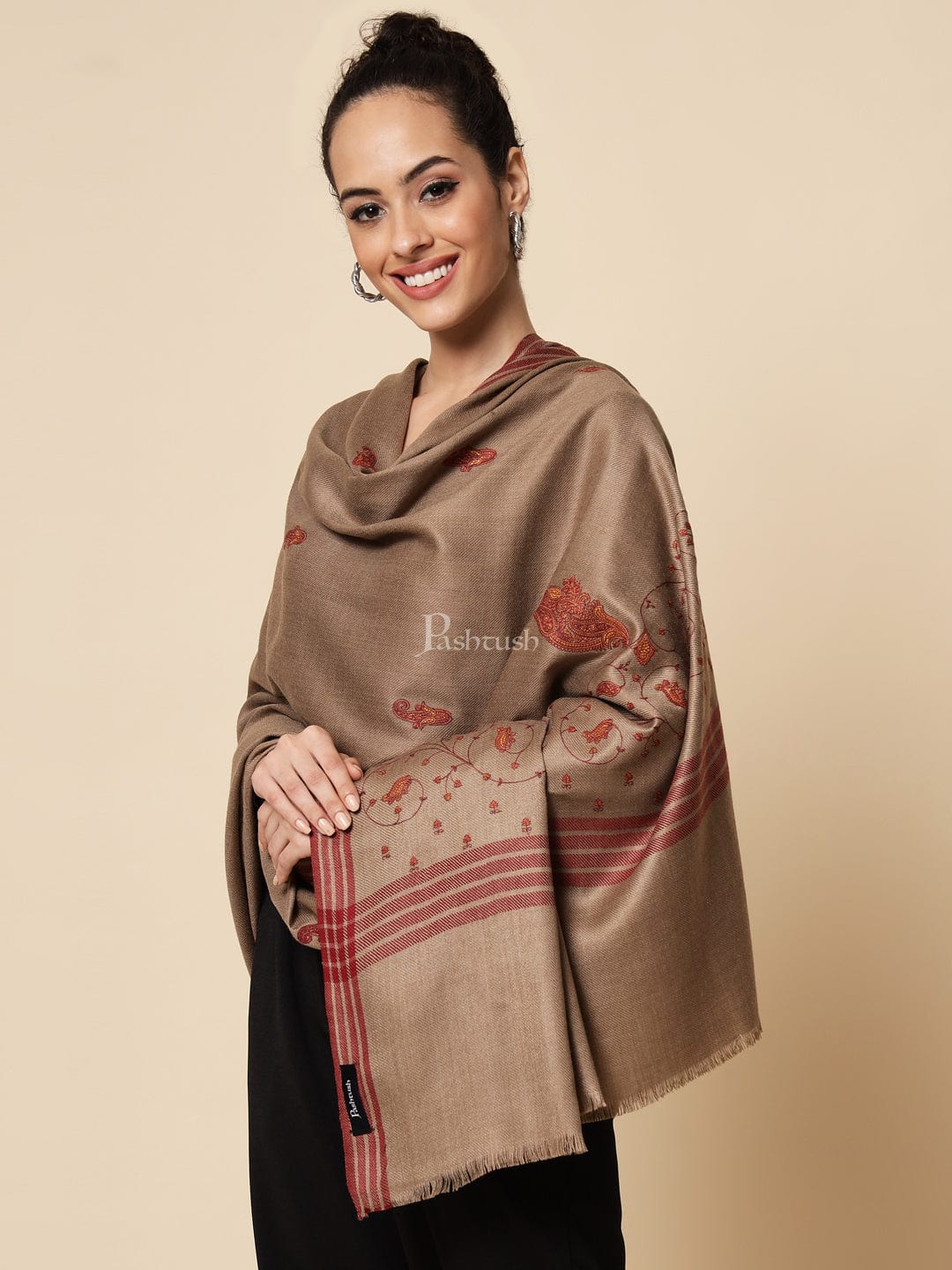 Pashtush India Womens Shawls Pashtush Womens Embroidery Shawl, Large And Warm, Brown