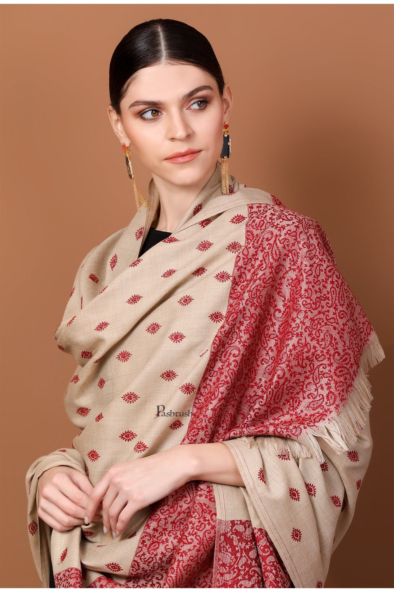 Pashtush India Womens Shawls Pashtush Womens Embroidery Shawl, Light Weight And Warm, Beige
