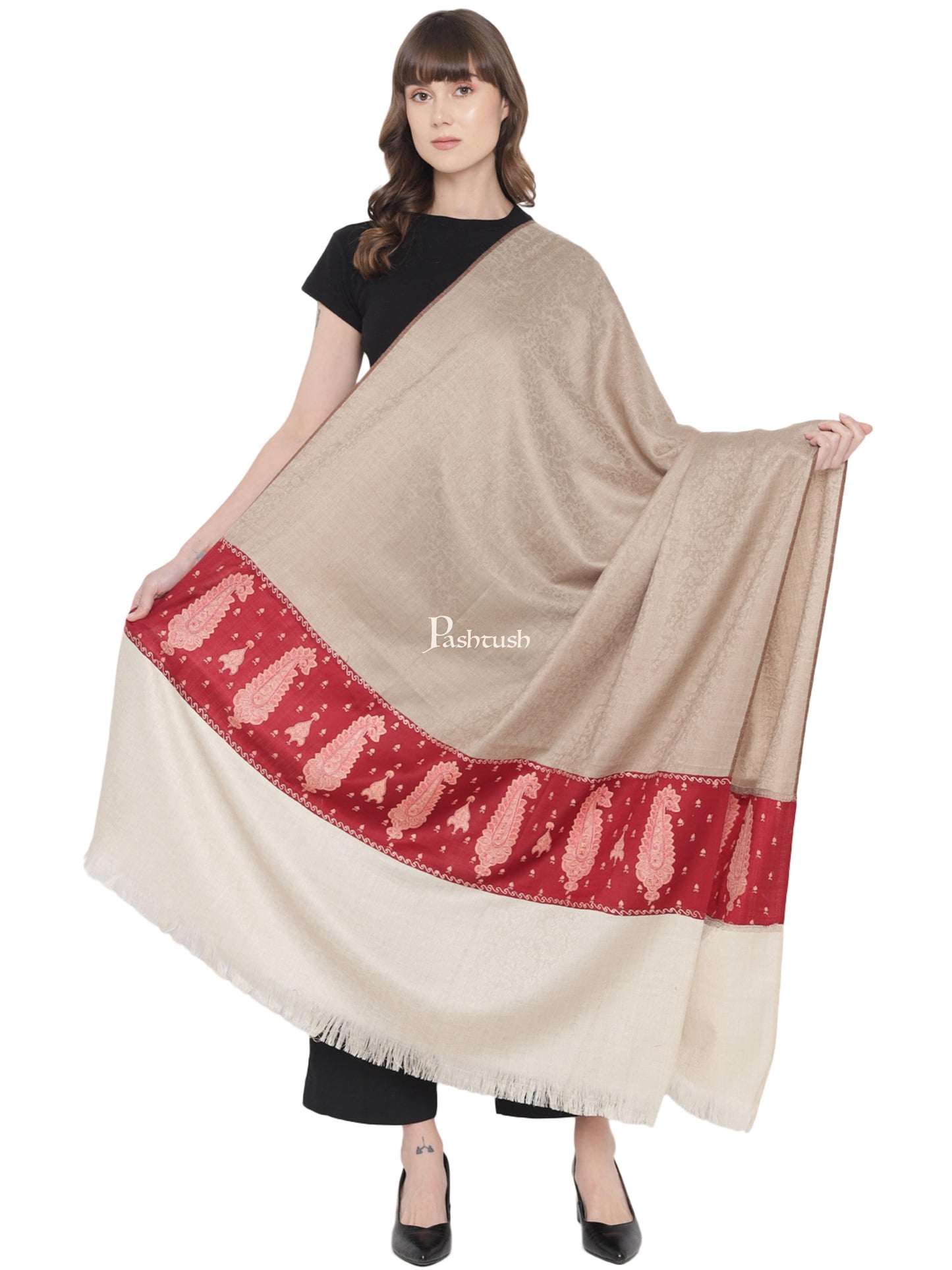Pashtush India Womens Shawls Pashtush Womens Embroidery Shawl, Paiseley Stitched Palla, Beige and Maroon