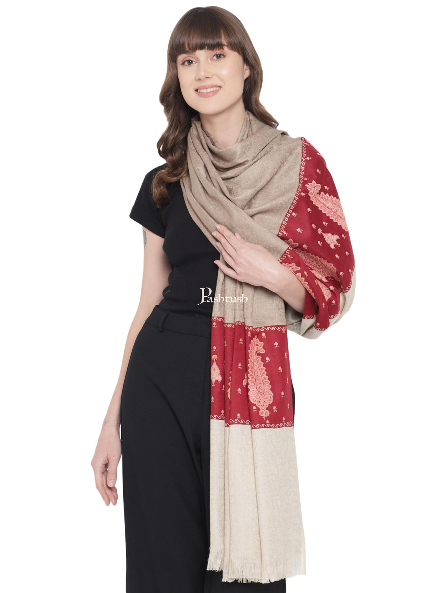 Pashtush India Womens Shawls Pashtush Womens Embroidery Shawl, Paiseley Stitched Palla, Beige and Maroon