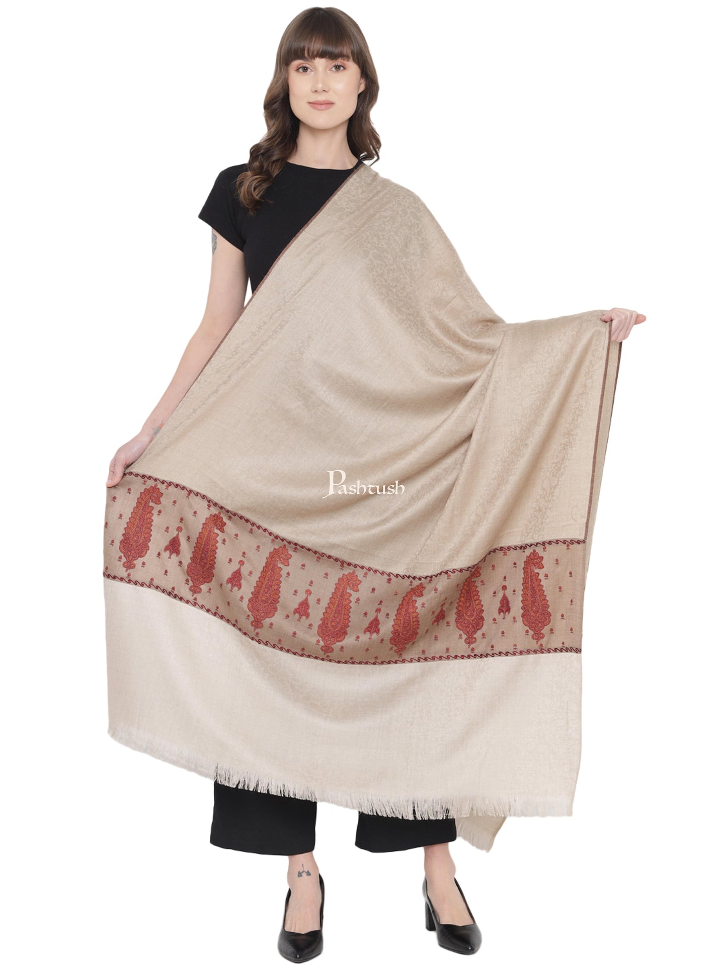 Pashtush India Womens Shawls Pashtush Womens Embroidery Shawl, Paiseley Stitched Palla, Beige and Taupe