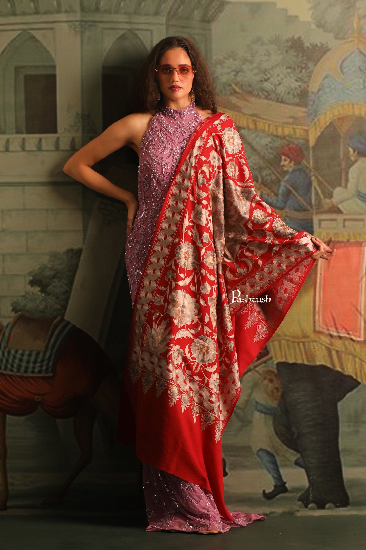 Pashtush India Womens Stoles and Scarves Scarf Pashtush Womens Embroidery Stole, Nalki Needlework, Silk Wool, Crimson