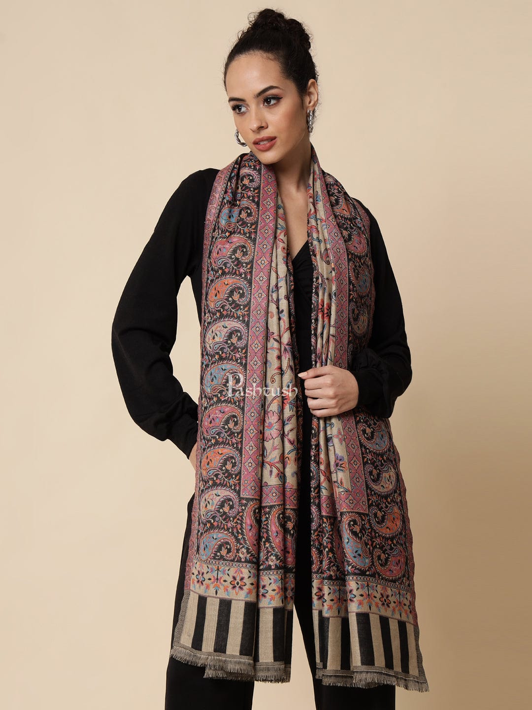 Pashtush India Womens Shawls Pashtush Womens Ethnic Shawl, Faux Pashmina, Soft And Warm, Beige