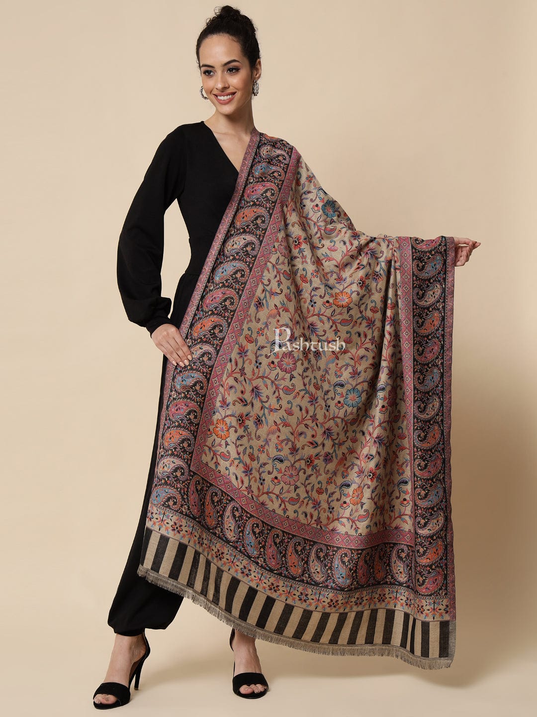 Pashtush India Womens Shawls Pashtush Womens Ethnic Shawl, Faux Pashmina, Soft And Warm, Beige