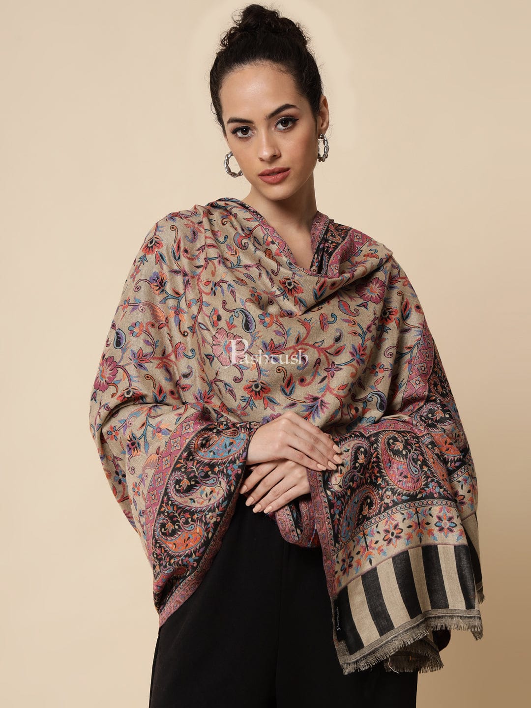 Pashtush India Womens Shawls Pashtush Womens Ethnic Shawl, Faux Pashmina, Soft And Warm, Beige