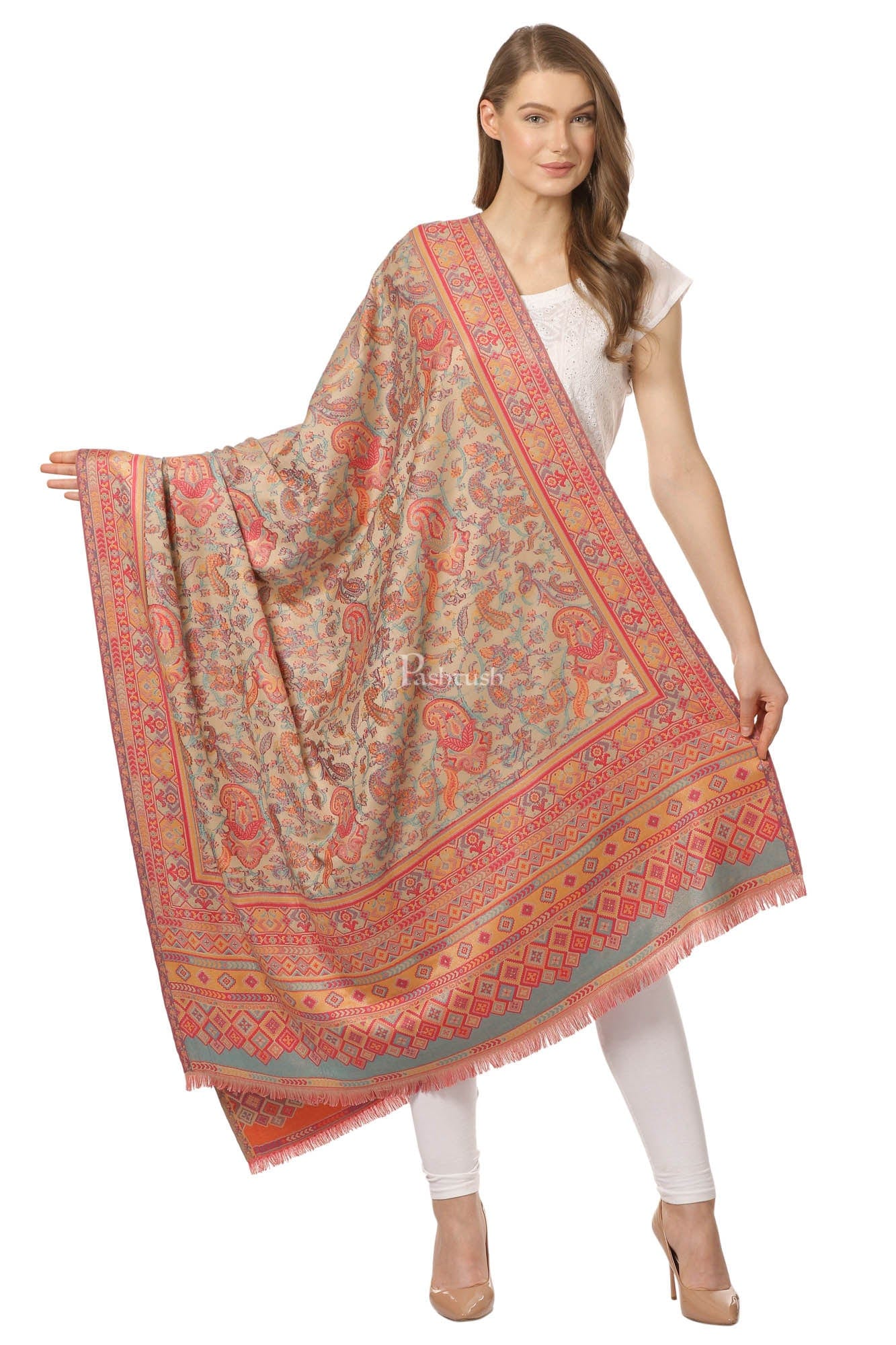 Pashtush India Womens Shawls Pashtush Womens Ethnic Shawl, Faux Pashmina, Woven Jacquard Design With Woven Paisleys, Soft And Warm Faux Pashmina