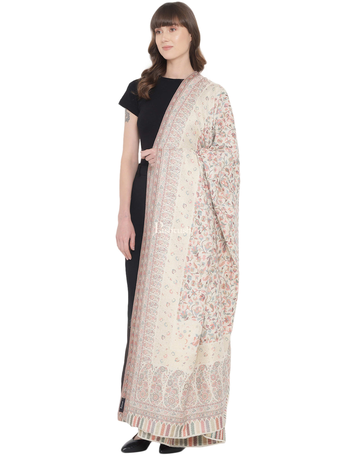 Pashtush India Womens Shawls Pashtush Womens Ethnic Shawl, Fine Wool, Metallic Weave Border, Extra Large Size, Ivory