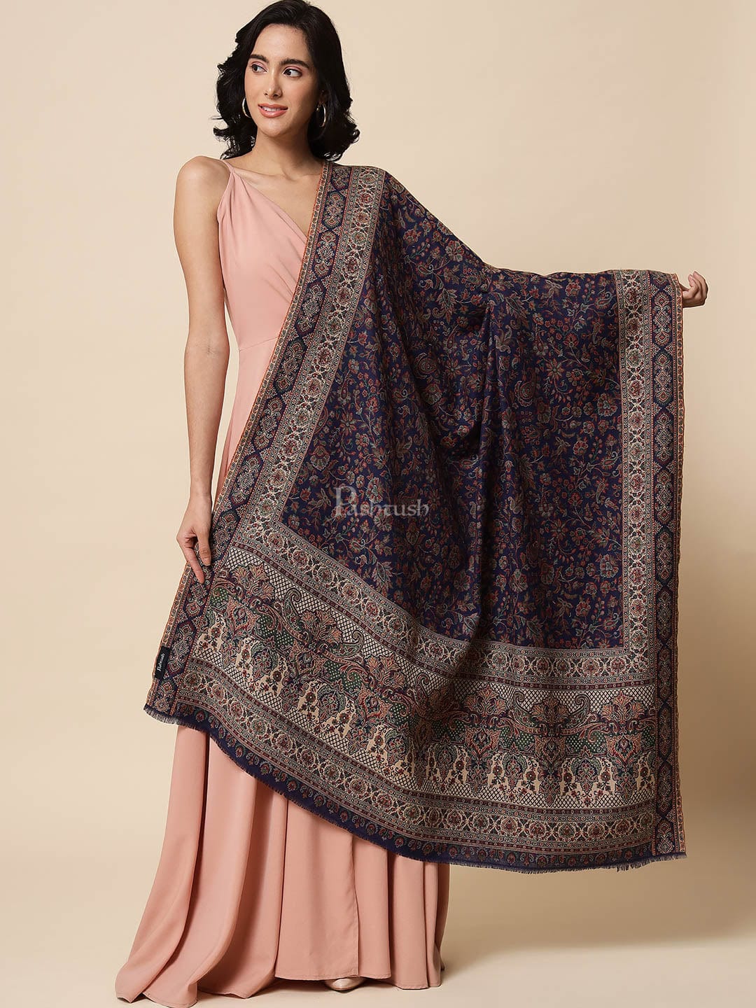 Pashtush India Womens Shawls Pashtush Womens Ethnic Weave Shawl, Faux Pashmina, Navy Blue
