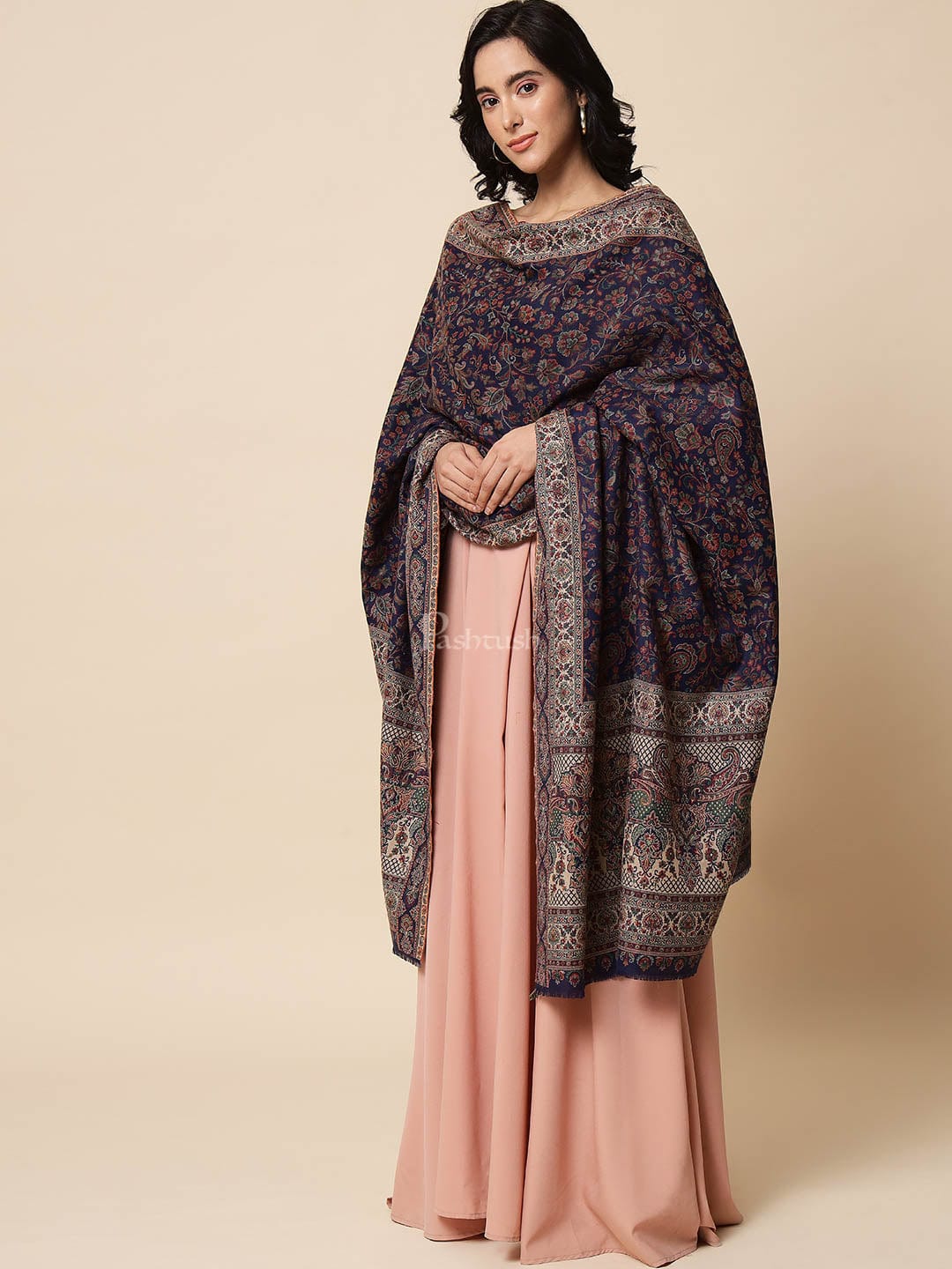 Pashtush India Womens Shawls Pashtush Womens Ethnic Weave Shawl, Faux Pashmina, Navy Blue