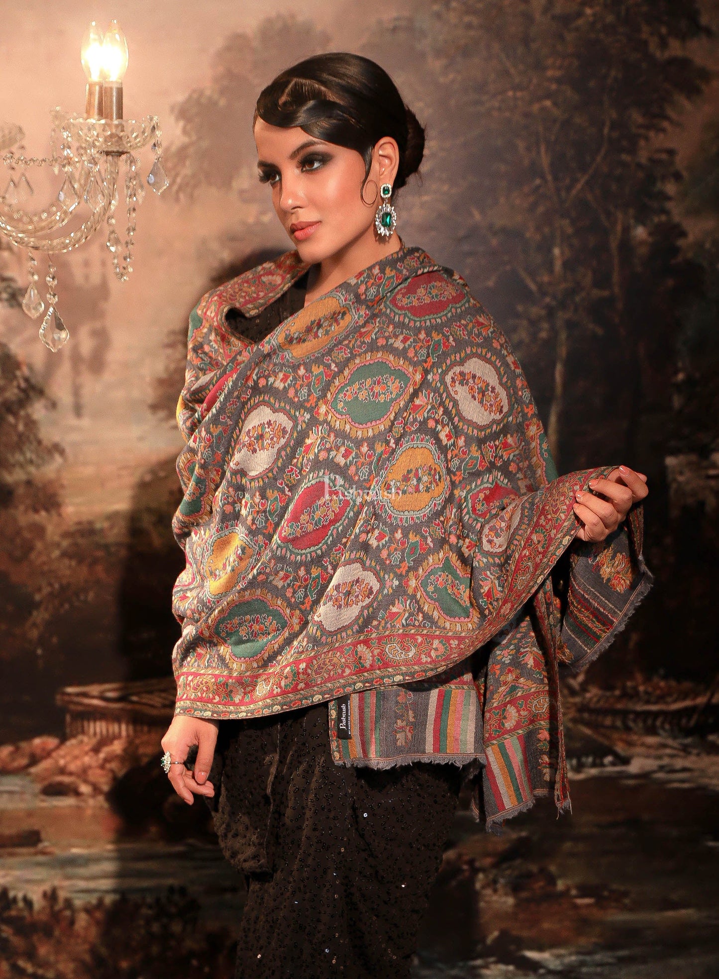 Pashtush India Womens Shawls Pashtush Womens Ethnic Weave Shawl, Pure Wool With Woolmark Certificate, Black