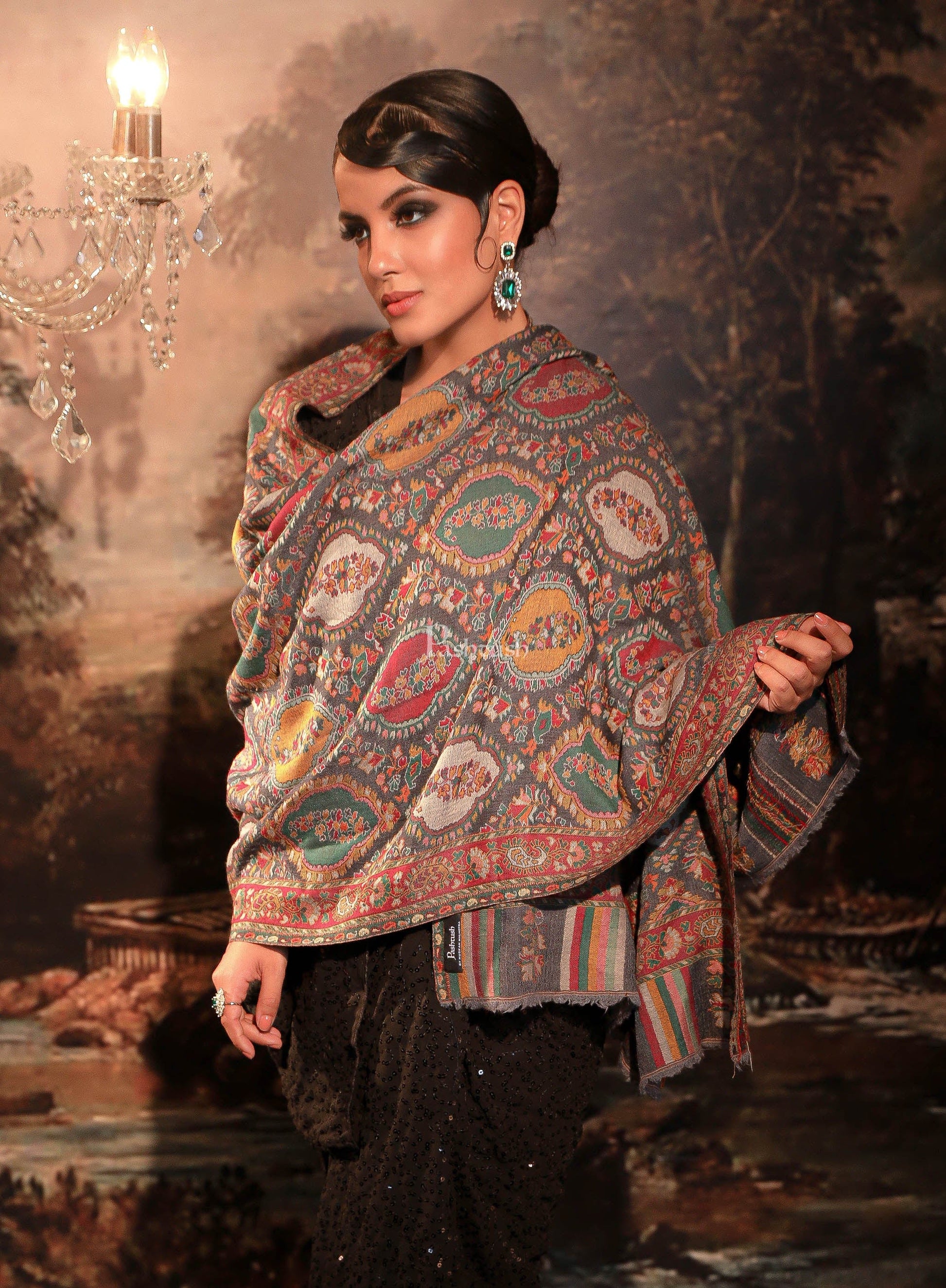Pashtush India Womens Shawls Pashtush Womens Ethnic Weave Shawl, Pure Wool With Woolmark Certificate, Black