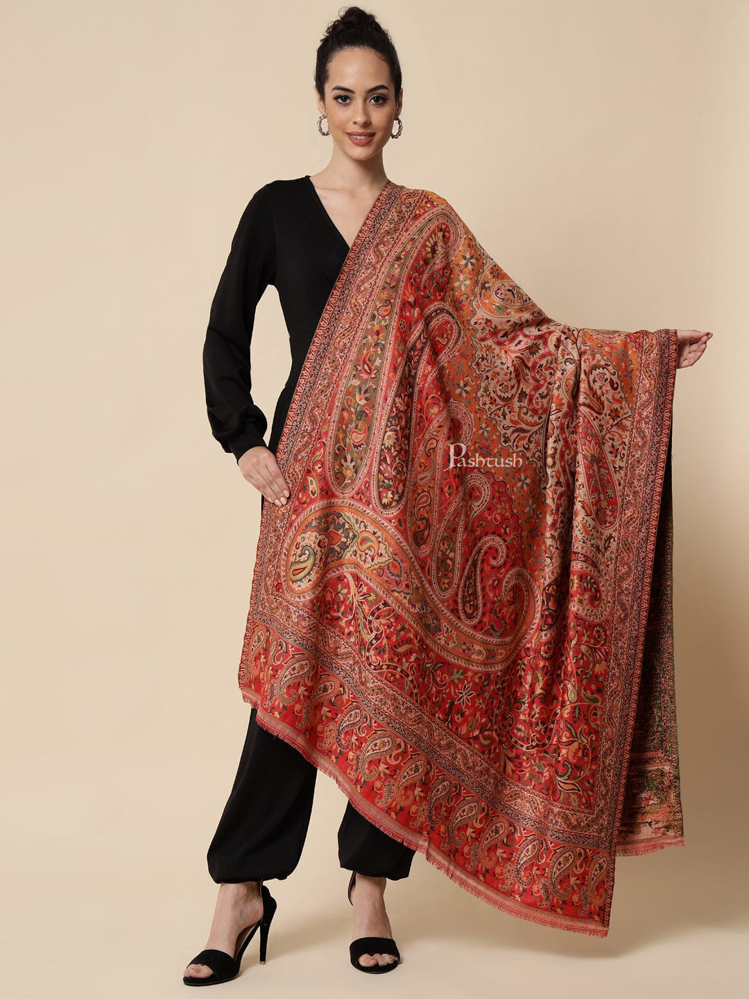 Pashtush India Womens Shawls Pashtush Womens Ethnic Weave Shawl, Rich Garden, Red And Beige