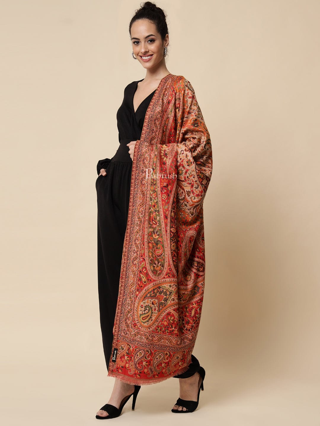 Pashtush India Womens Shawls Pashtush Womens Ethnic Weave Shawl, Rich Garden, Red And Beige