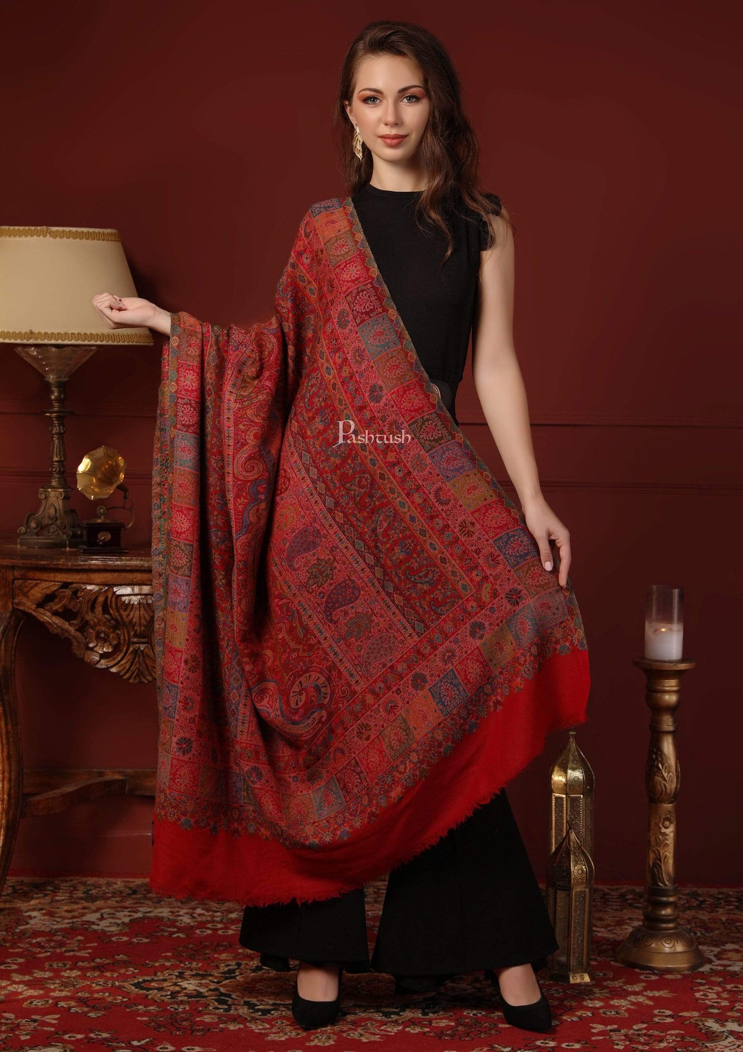 Pashtush India 100x200 Pashtush Womens Extra Fine Kaani Shawl, Pure Wool, Woolmark Certificate