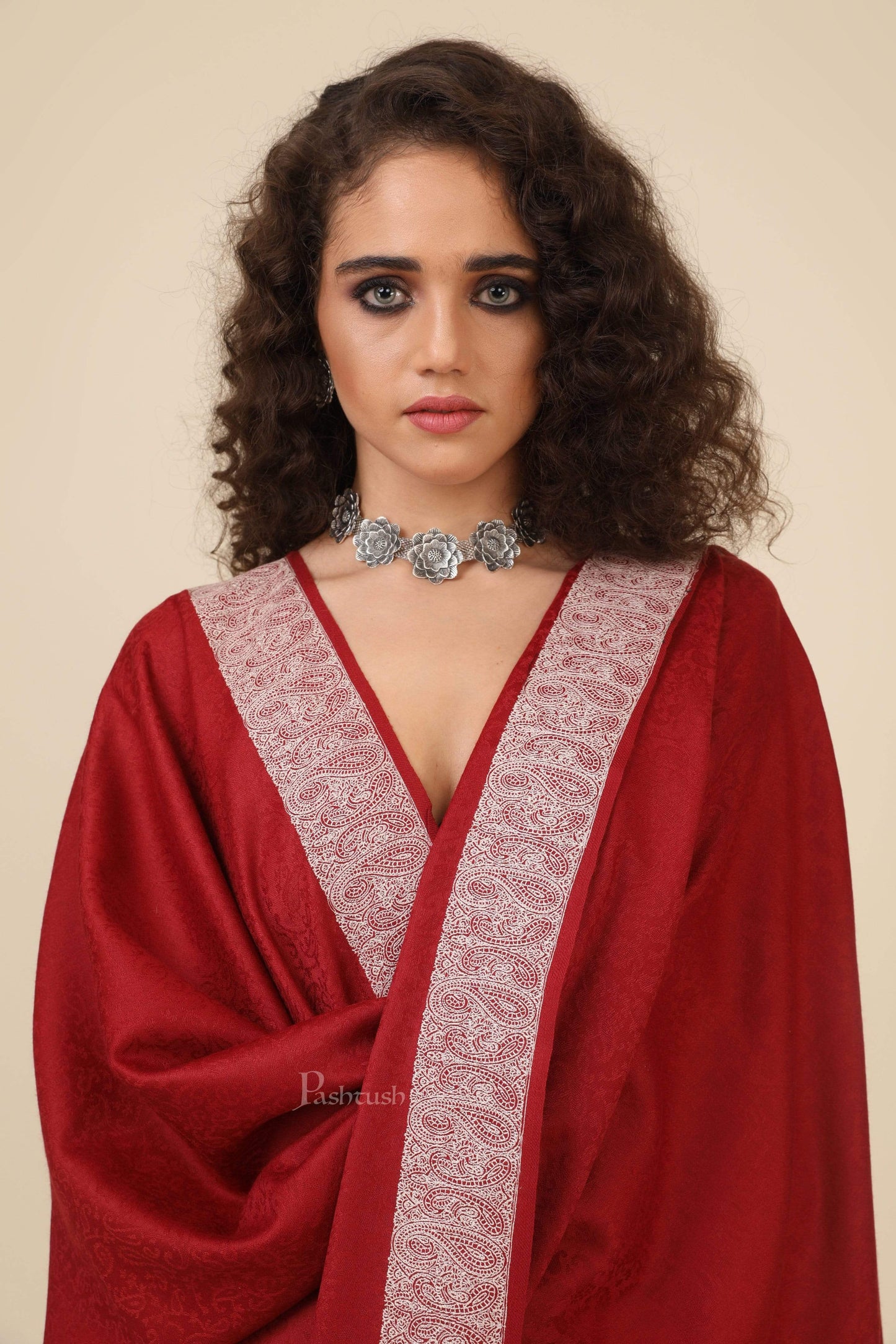 Pashtush India 114x228 Pashtush Womens, Extra fine Palla Embroidery Shawl, with Tone on Tone Needlework, Soft and Warm