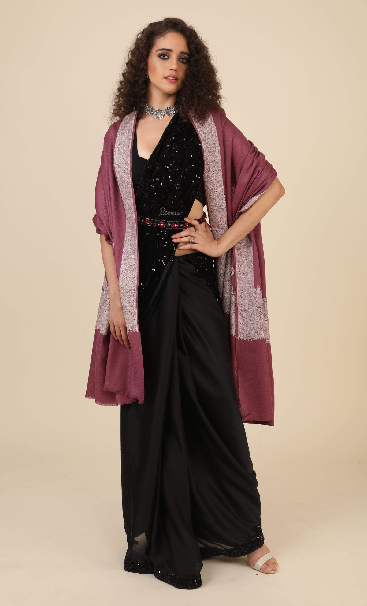 Pashtush India 114x228 Pashtush Womens, Extra fine Palla Embroidery Shawl, with Tone on Tone Needlework, Soft and Warm