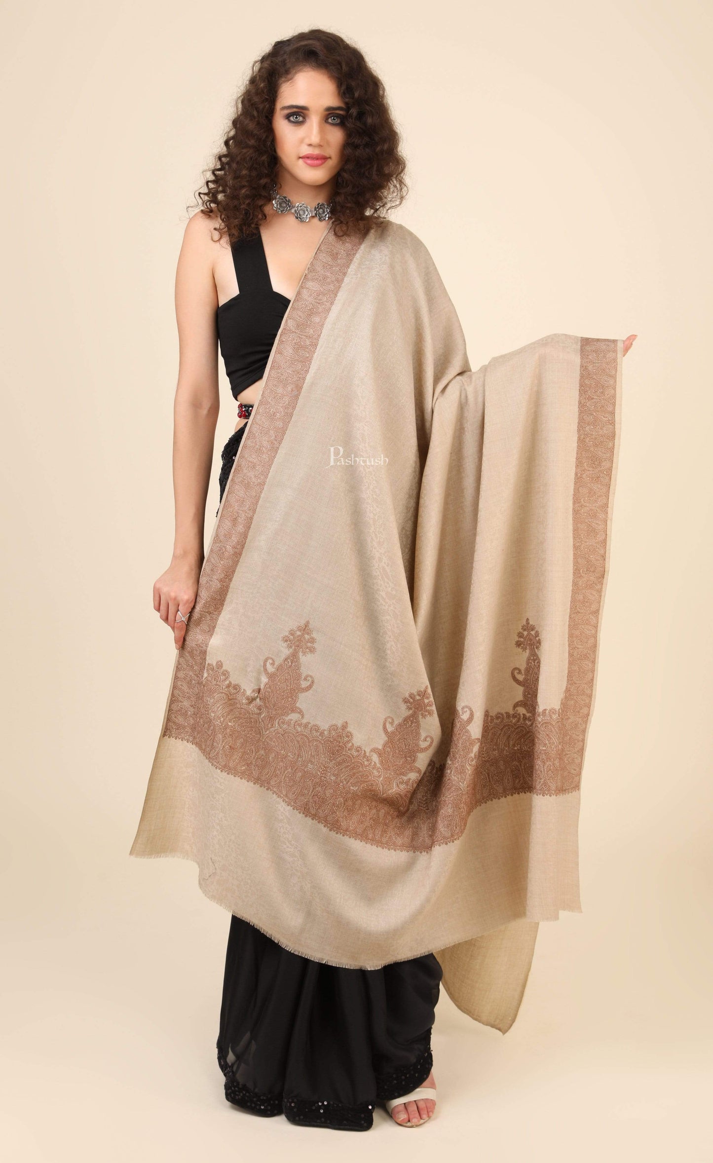 Pashtush India 114x228 Pashtush Womens, Extra fine Palla Embroidery Shawl, with Tone on Tone Needlework, Soft and Warm