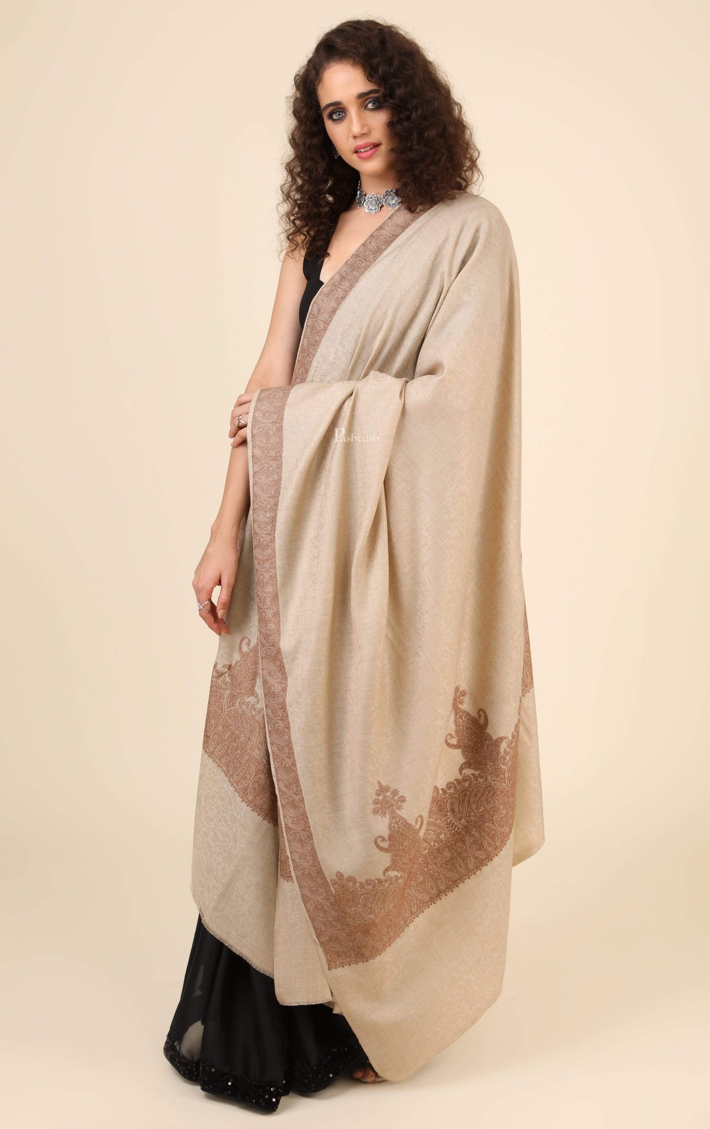 Pashtush India 114x228 Pashtush Womens, Extra fine Palla Embroidery Shawl, with Tone on Tone Needlework, Soft and Warm